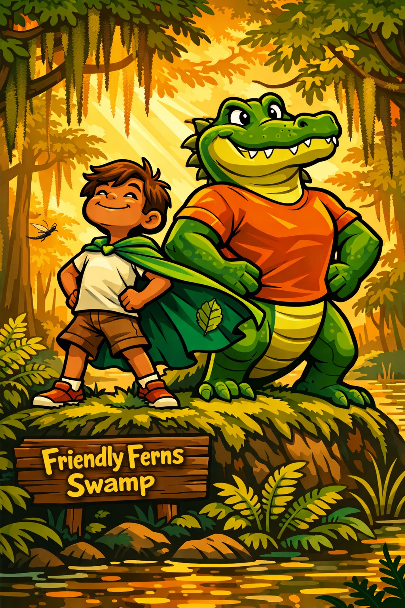 An empowered child wearing a cape with a friendly alligator, representing the superpower of invisible disabilities.