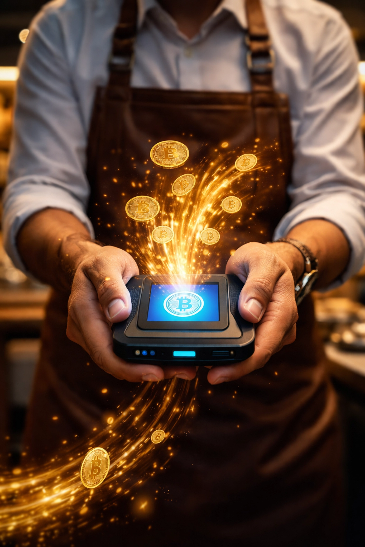 Merchant holding crypto wallet with digital coins representing self-custody and Web3 payment control