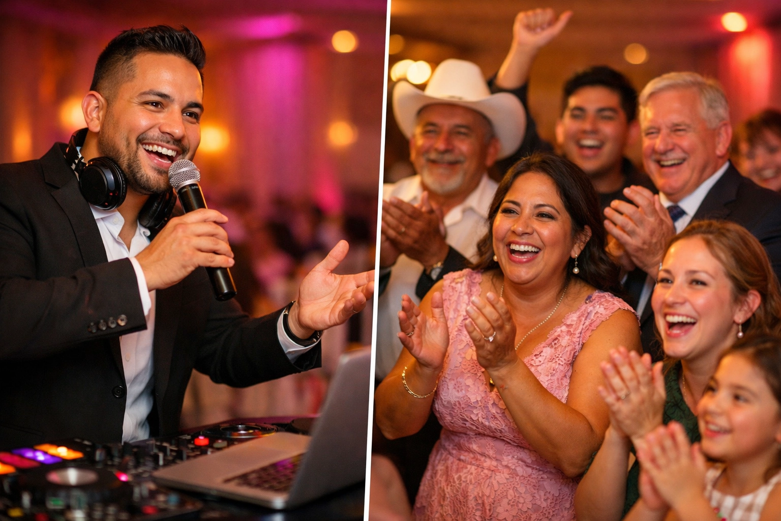 Bilingual wedding DJ engaging with English and Spanish-speaking guests at reception