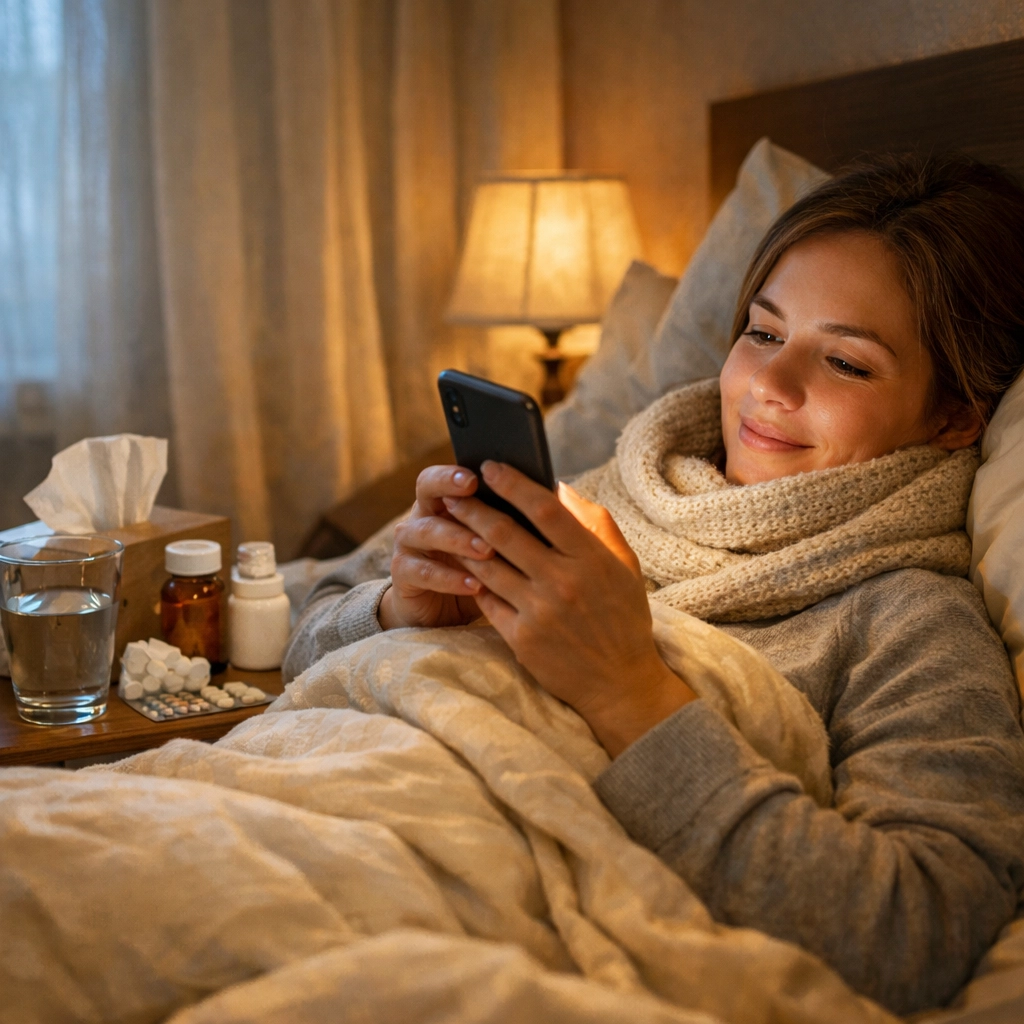 Sick patient in bed accessing online doctor consultation for cold and flu treatment via smartphone
