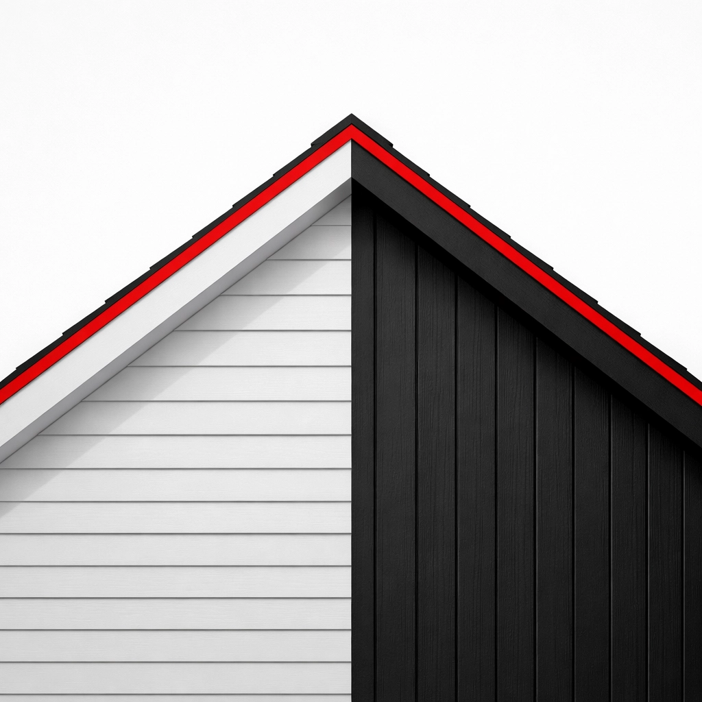 Mixed-texture home exterior with white horizontal lap siding and black vertical board-and-batten gable.