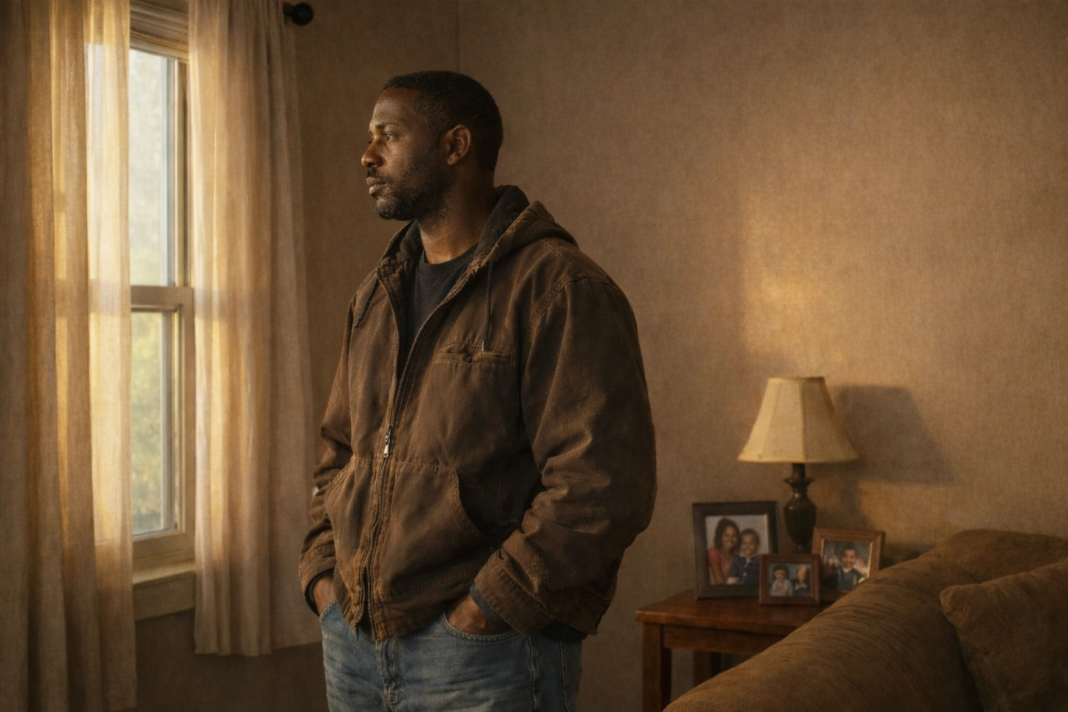 Black man in work clothes reflecting on provider role and economic pressures in BIPOC families