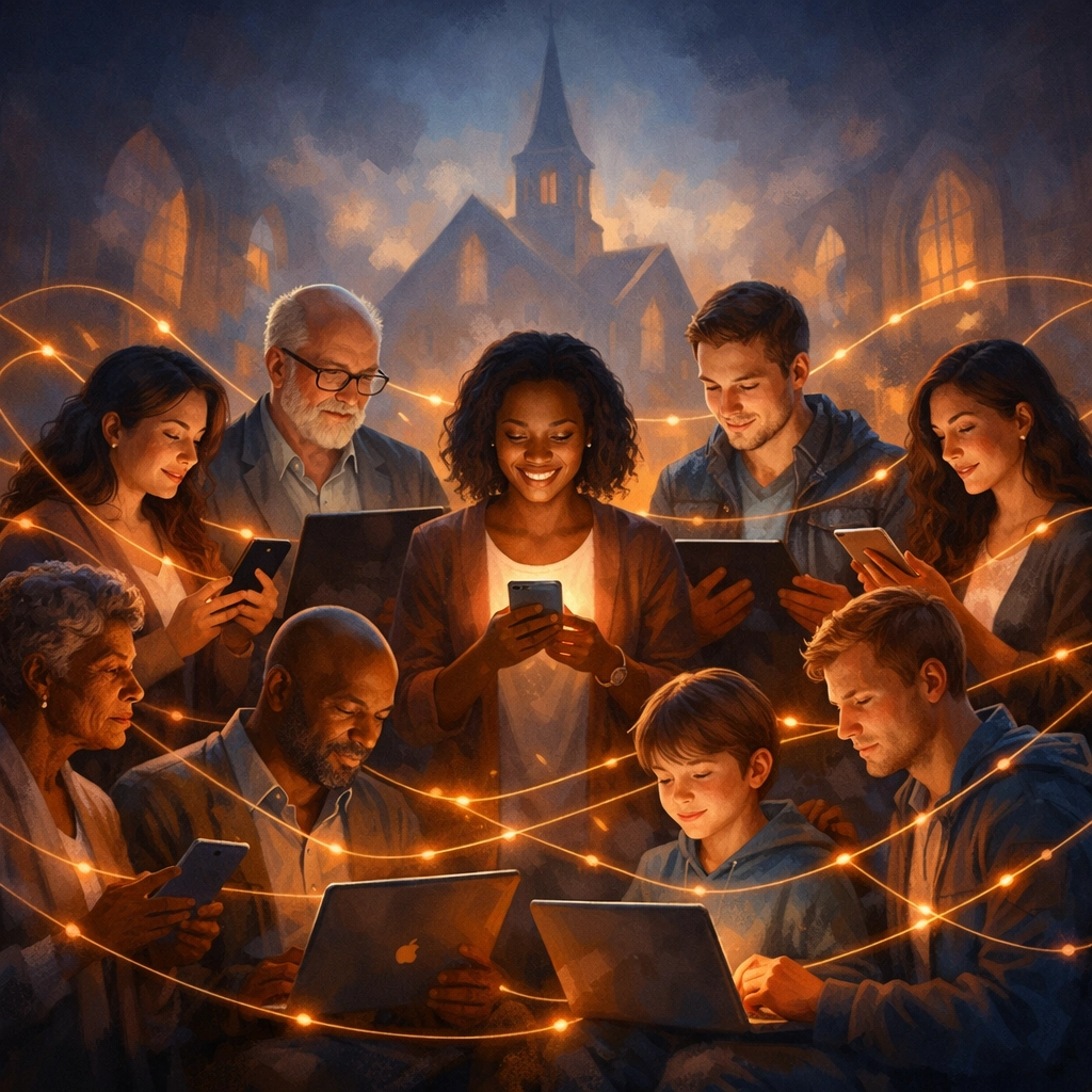 Diverse Christian community connected online through faith-based digital media and devices