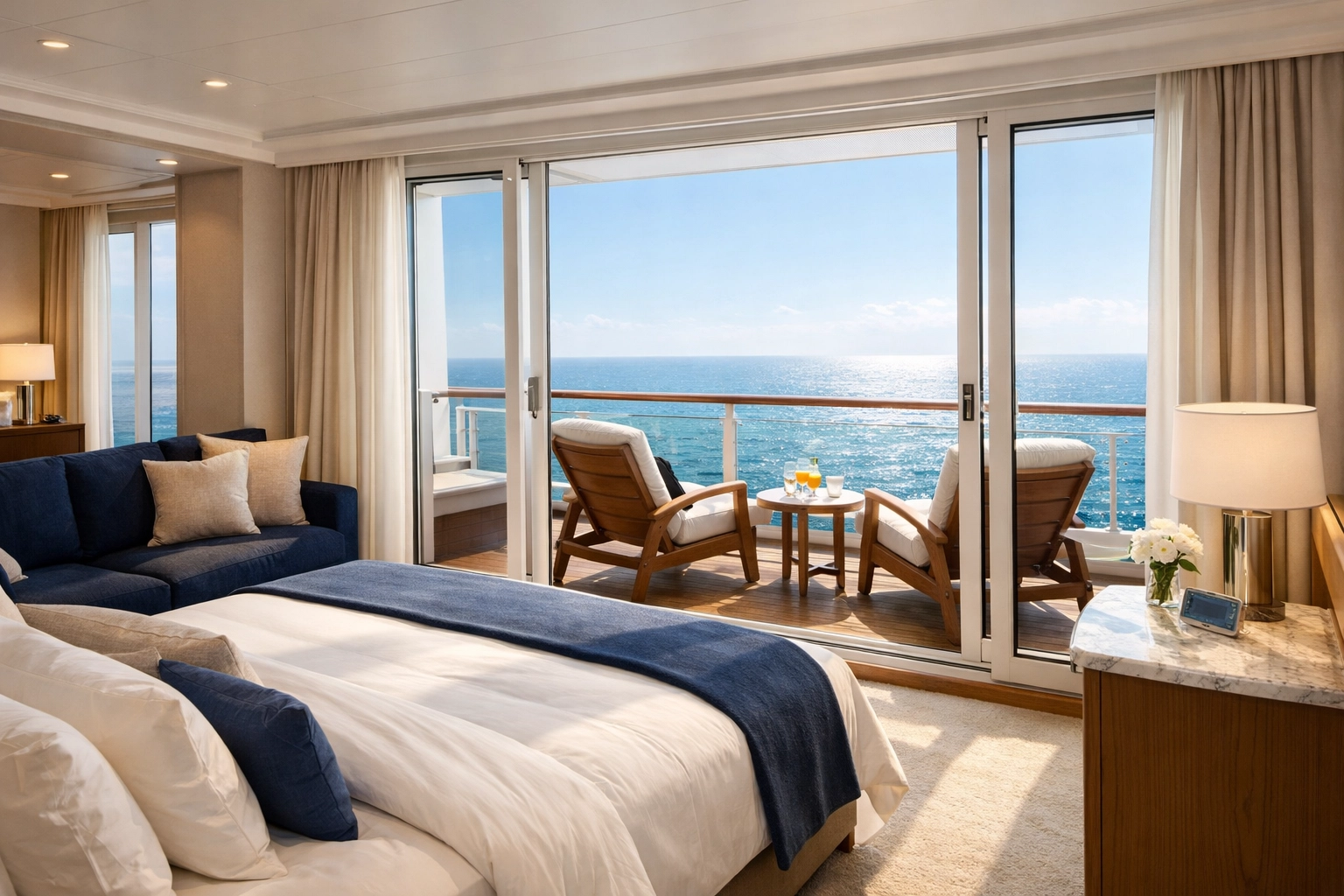Luxury Horizon Suite interior on Oceania Sonata with a private teak veranda and ocean views.