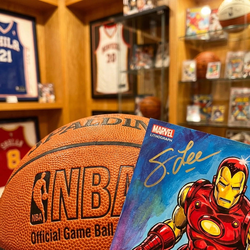 A signed Iron Man lithograph leaning against an NBA basketball showing sports and Marvel collectibles.