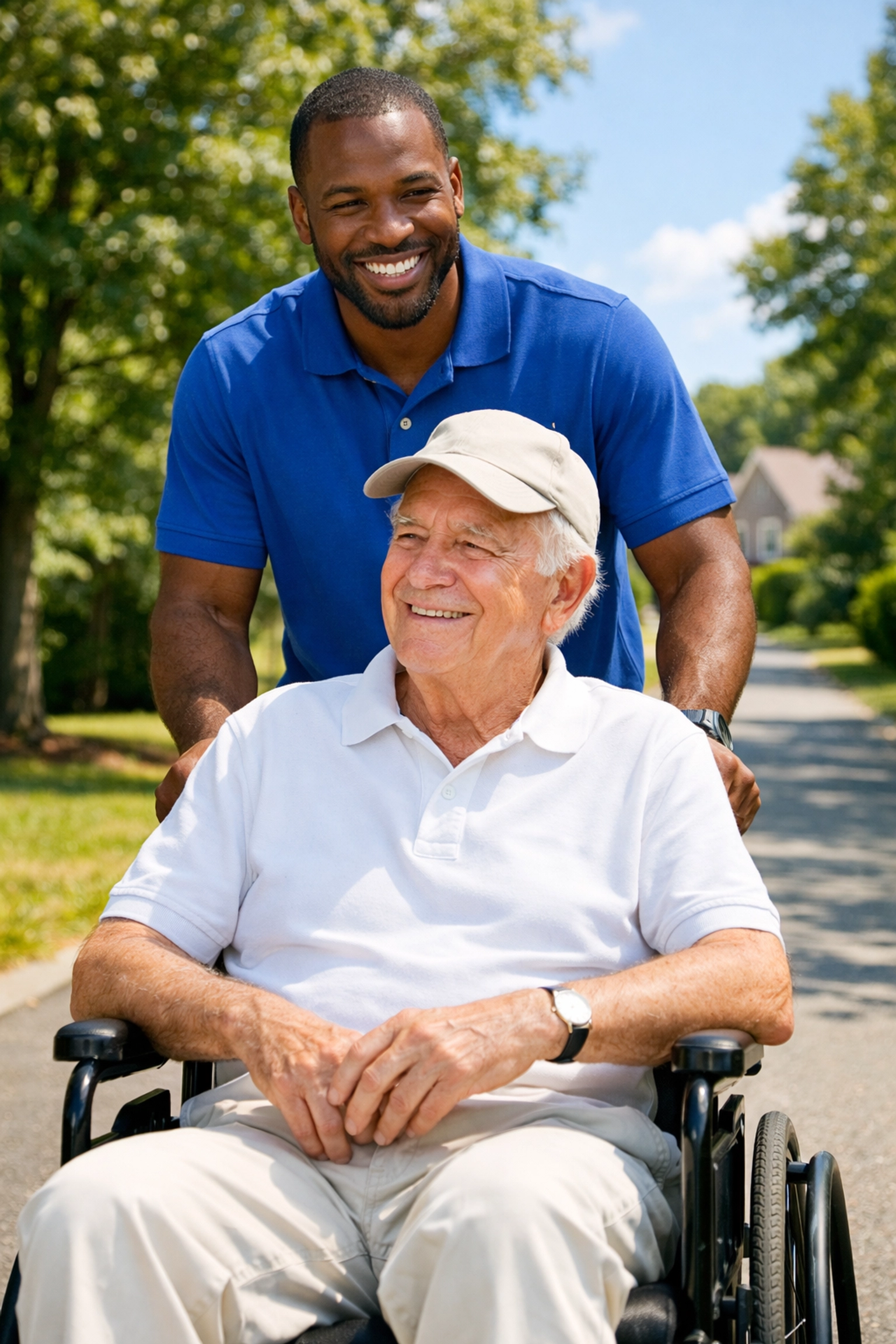 Professional caregiver pushing a senior in a wheelchair along a paved path in Northern Virginia.