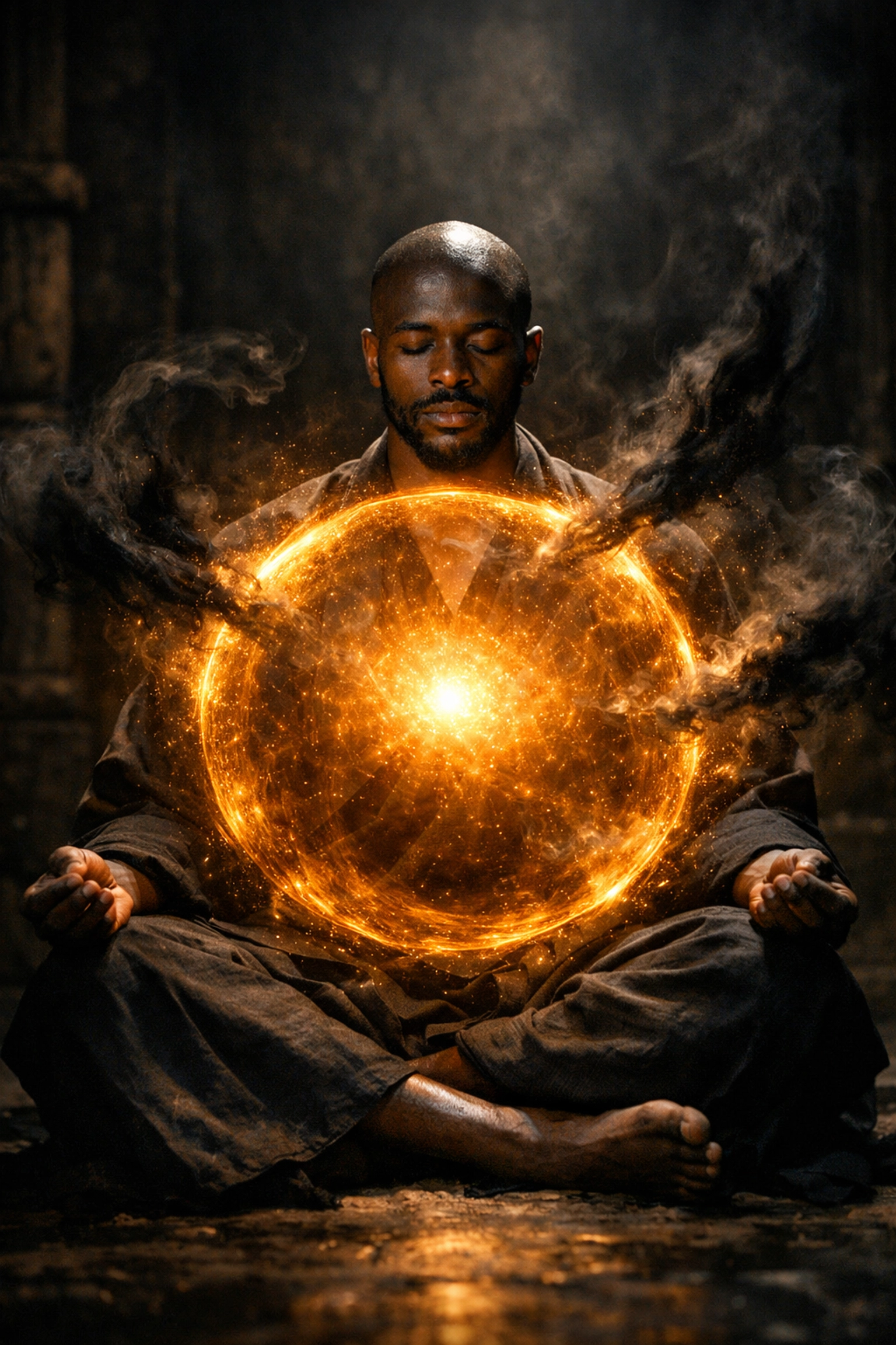 Man of African descent meditating with a protective golden shield of light against dark energy.
