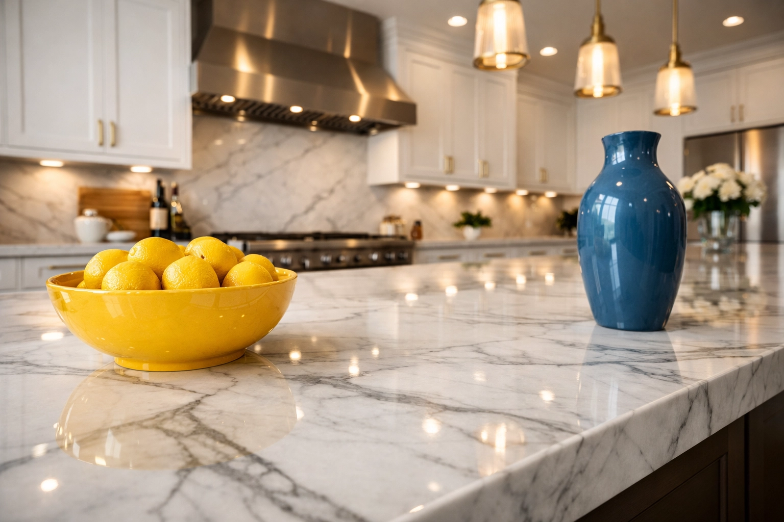 Sanitized modern Concord kitchen featuring gleaming marble countertops and professional-grade cleanliness.