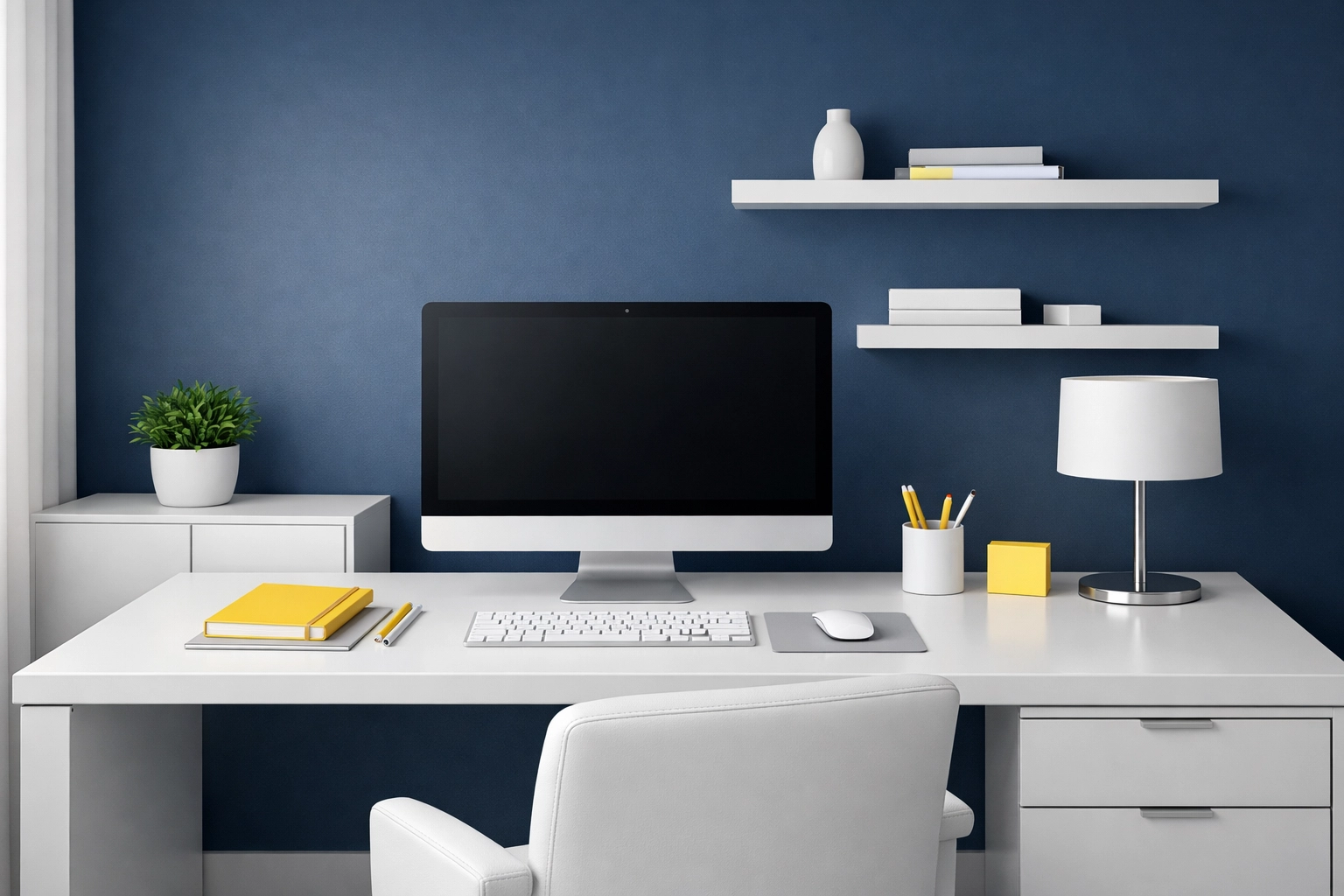 A perfectly organized and spotless modern home office in Marblehead, Massachusetts, after a professional deep clean.