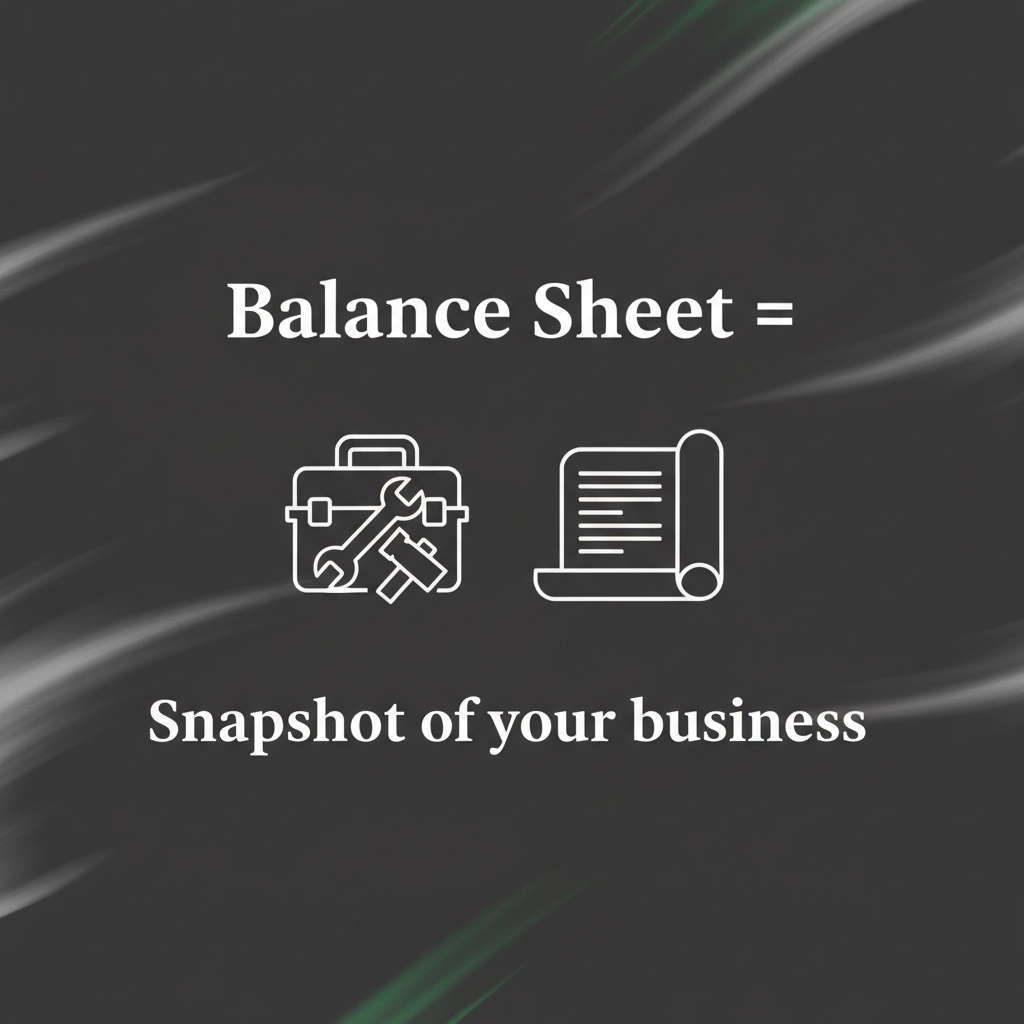 Balance Sheet Financial Snapshot Graphic Graphic highlighting that a balance sheet provides a financial snapshot of your business, featuring icons of a toolbox and a document to represent field service industries and accounting, with bold white text on a dark abstract background.