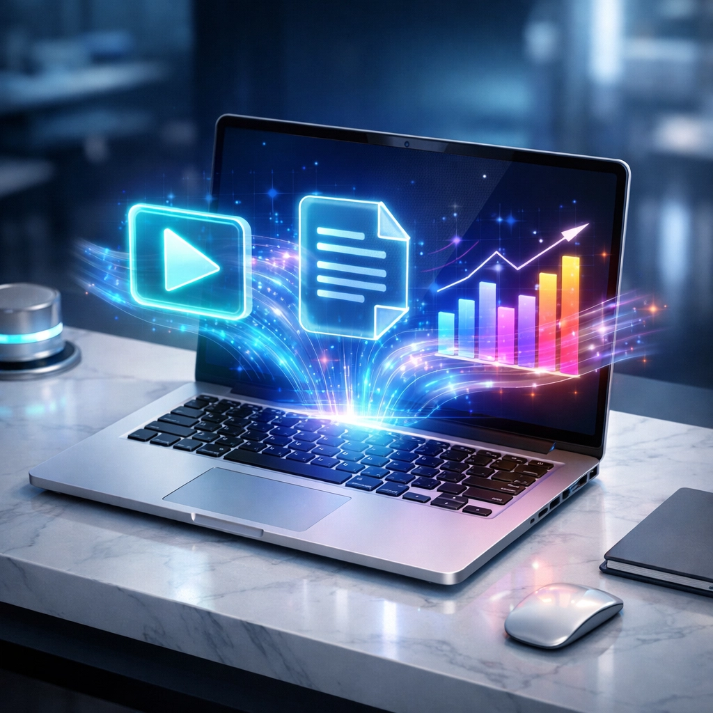 A laptop displaying holographic icons representing automated AI content creation and marketing data streams.