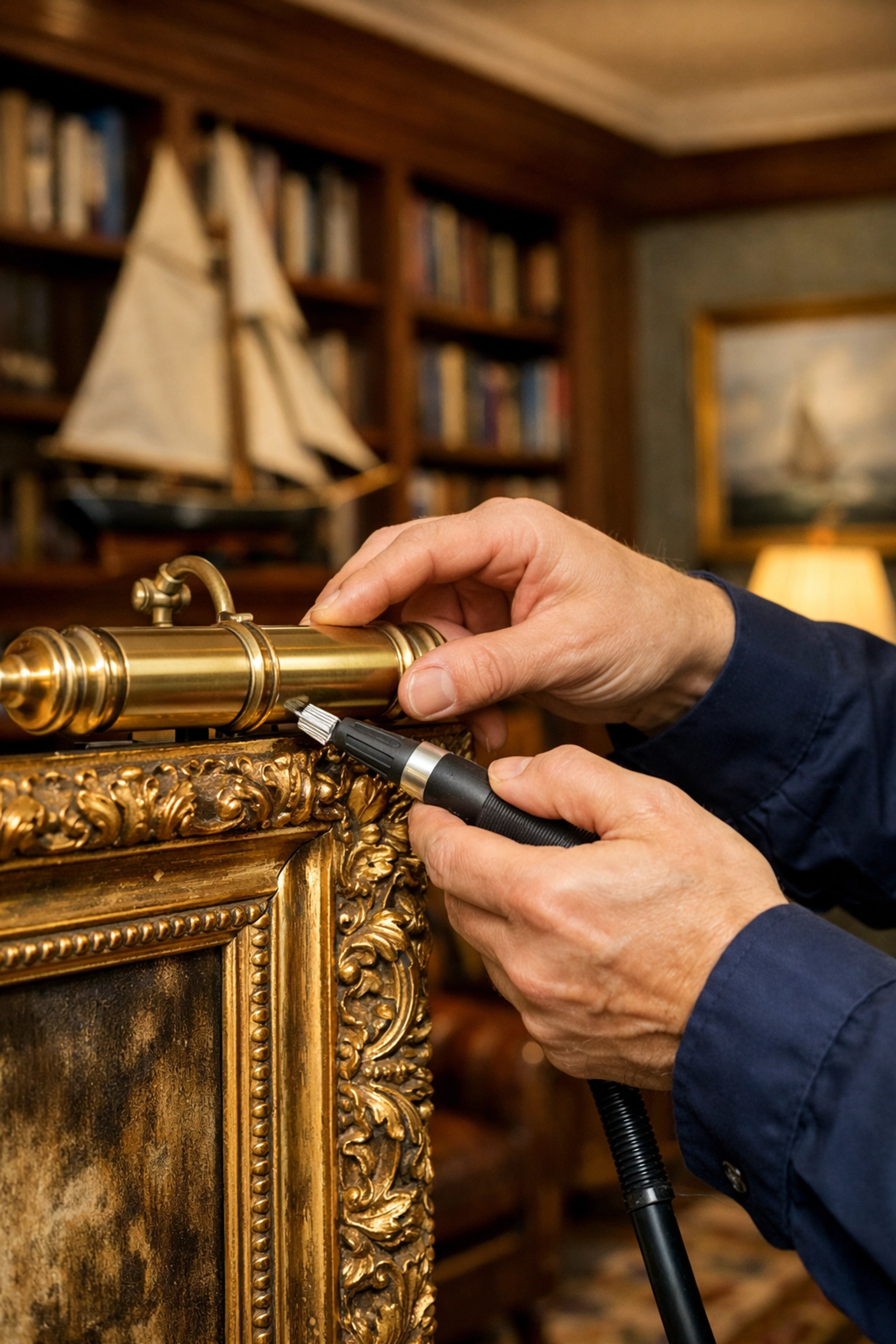 Precise luxury cleaning of high-end home fixtures in an elegant Marblehead library.