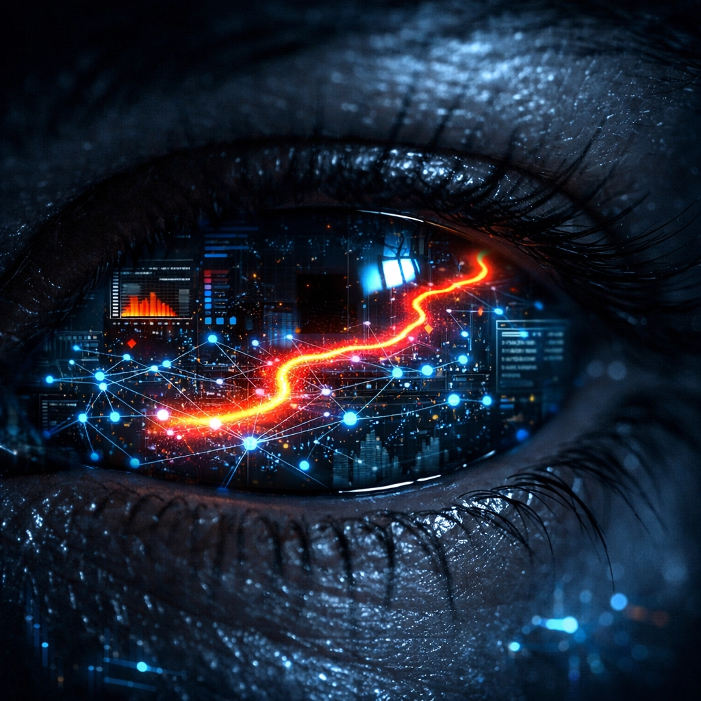 Digital eye reflecting tech-noir data streams and a high-retention user journey path through a website.