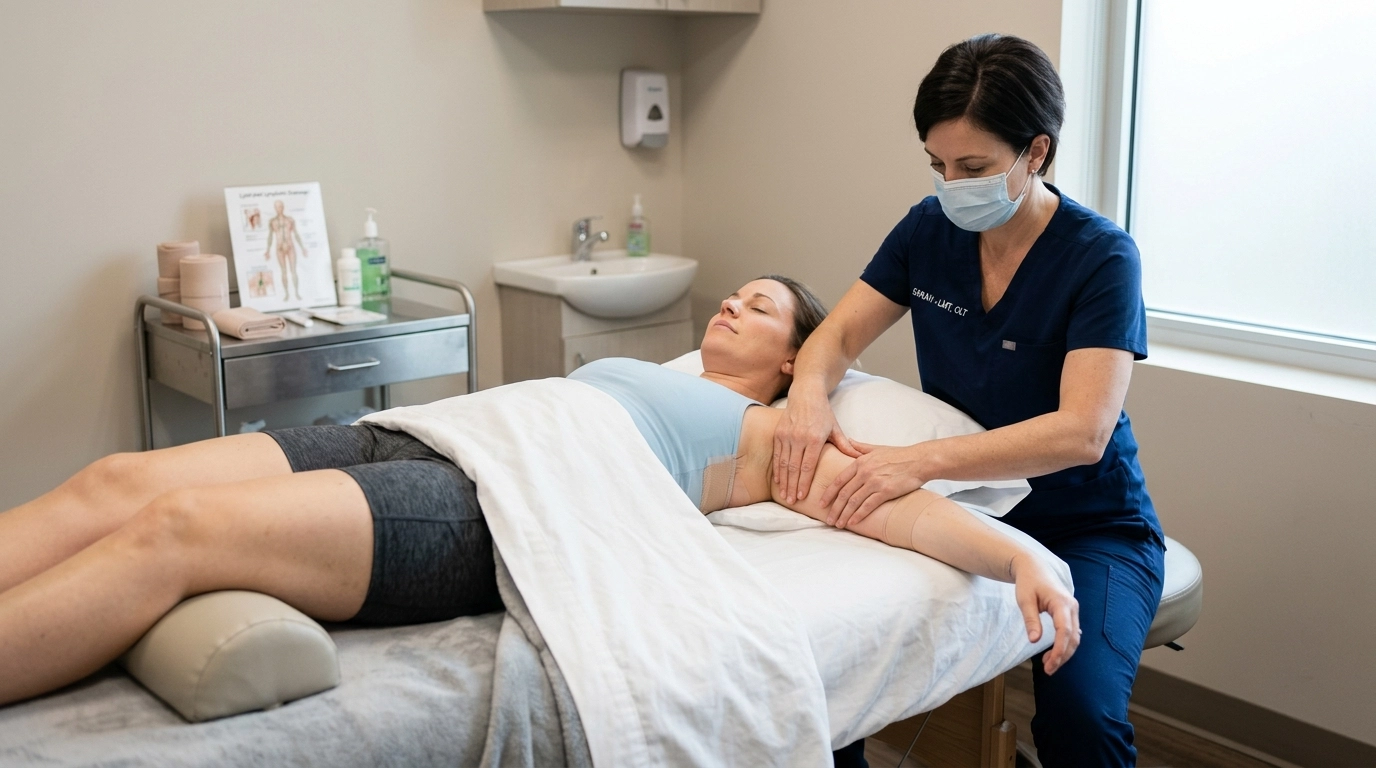 A woman receiving a professional post-op lymphatic drainage massage in a clean, clinical setting with crisp white linens and a calm, restorative atmosphere.