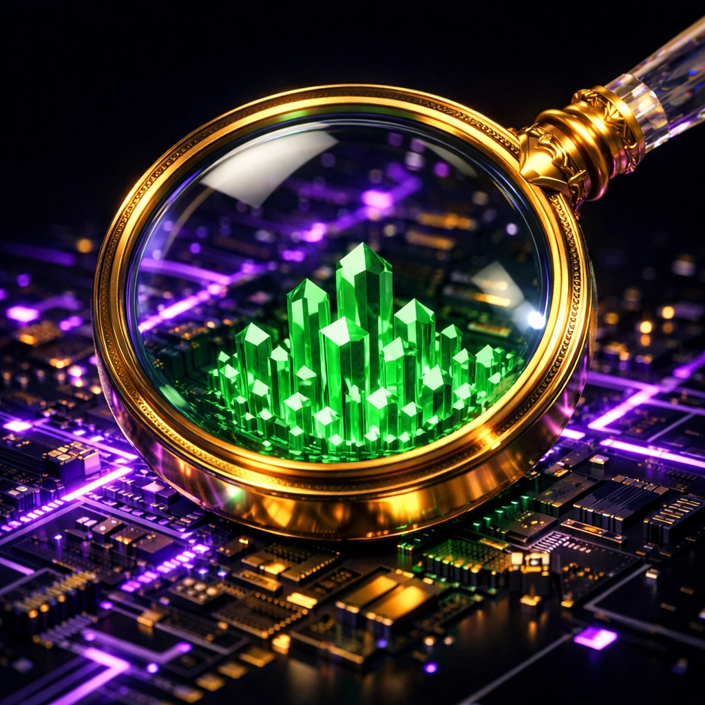 A golden magnifying glass scanning a circuit board to represent stress-testing a startup's AI moat.