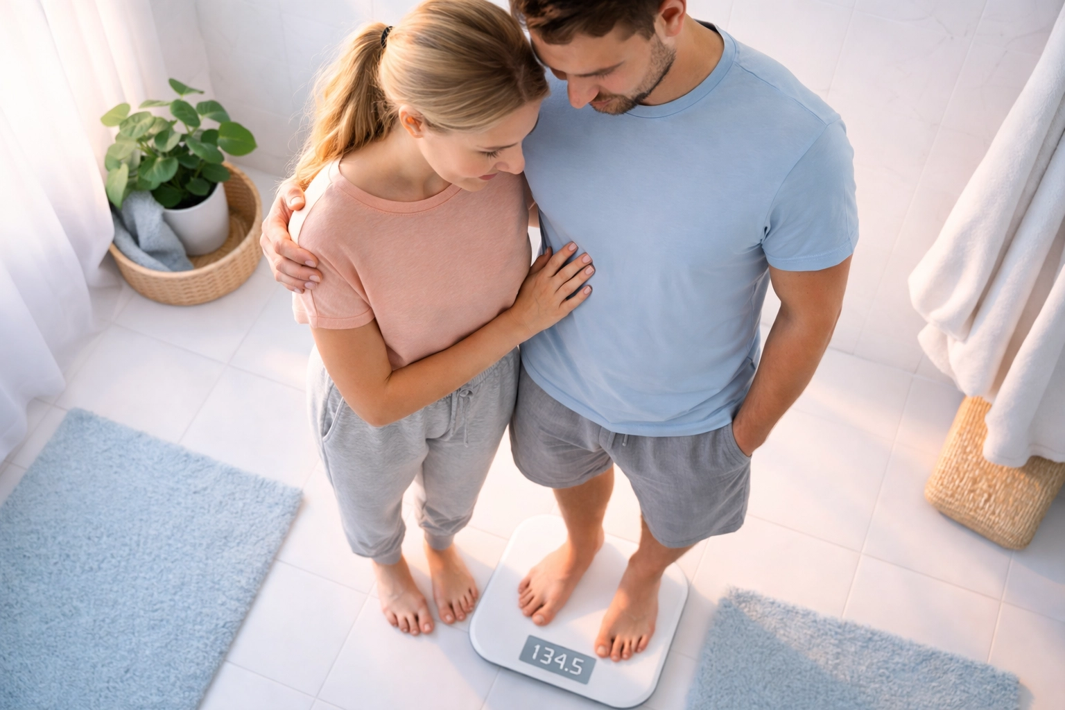 Person standing on a bathroom scale in casual clothes, highlighting a beginner's fat loss journey at home.