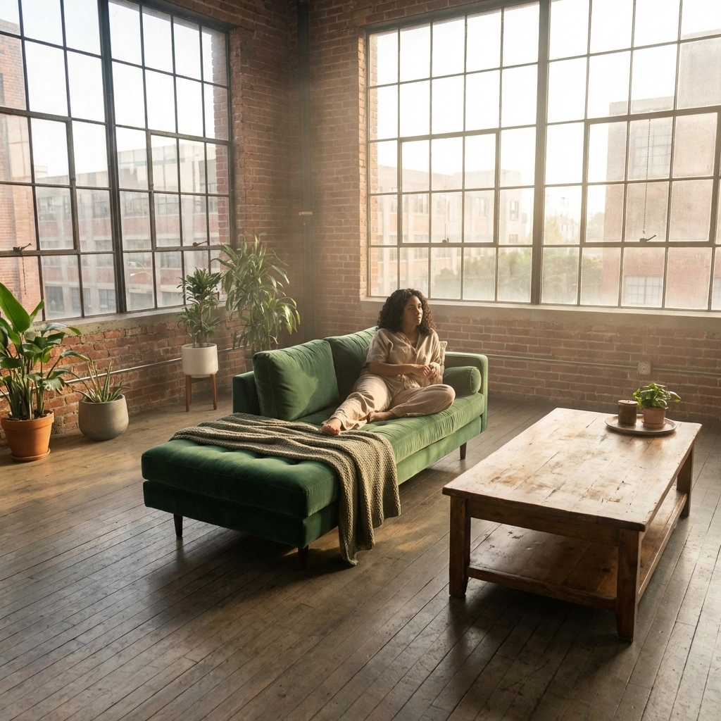 Art nude photography of a Latina woman in an industrial loft, showcasing natural light and professional posing.