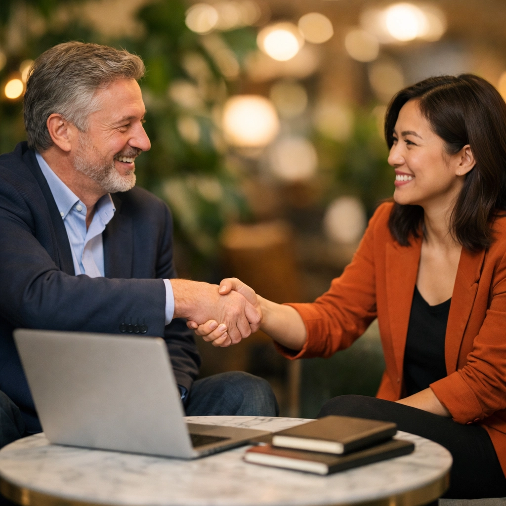 Two professionals shaking hands to show the human touch in an automated sales funnel strategy.