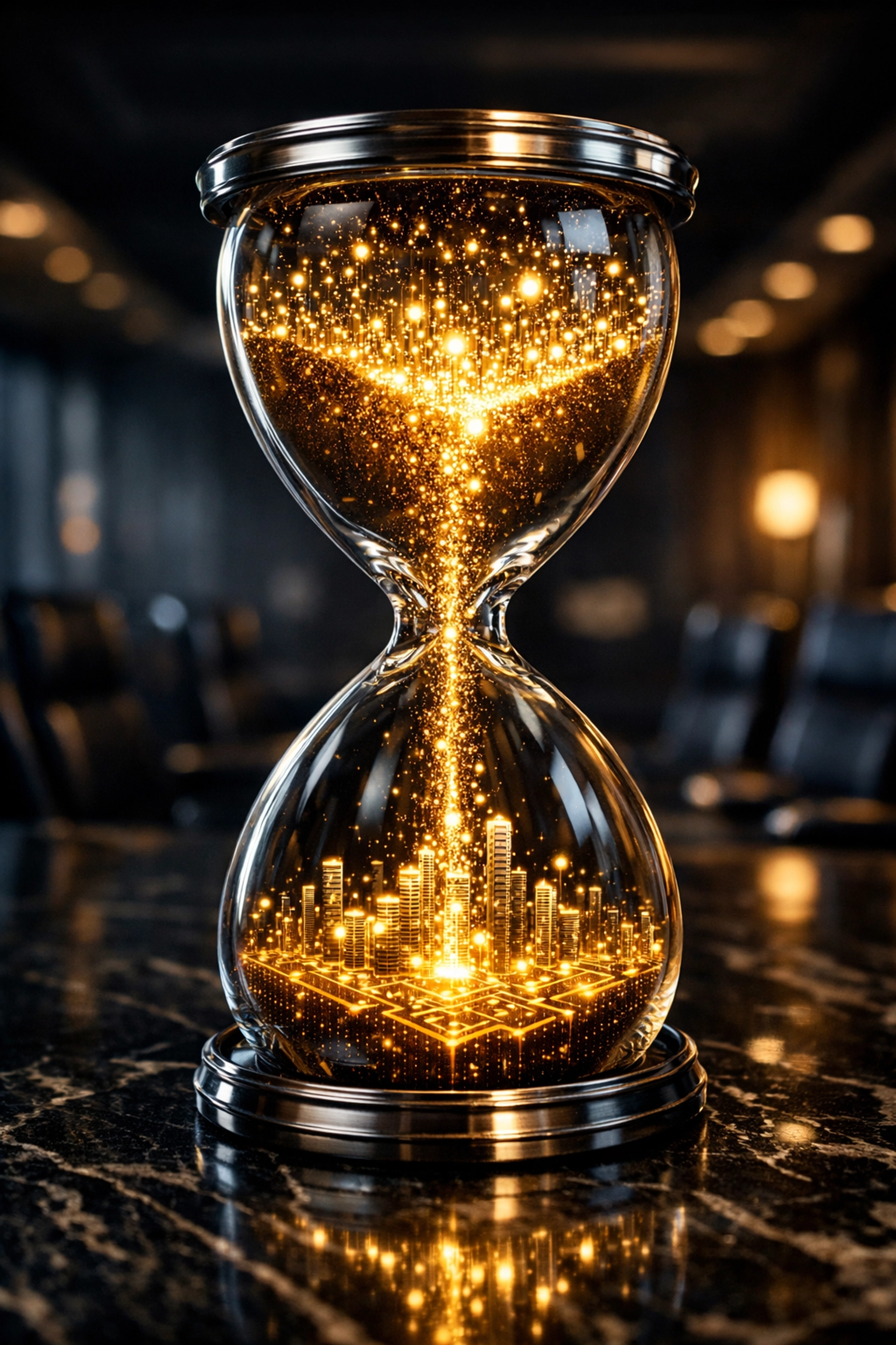 Digital hourglass representing the urgency of an AI-focused business exit strategy and transition.