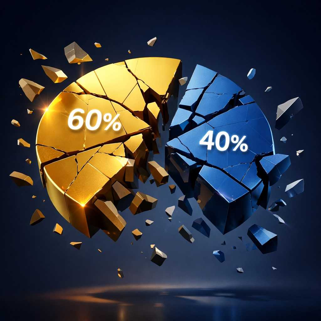 Traditional 60/40 portfolio breaking apart showing diversification failure