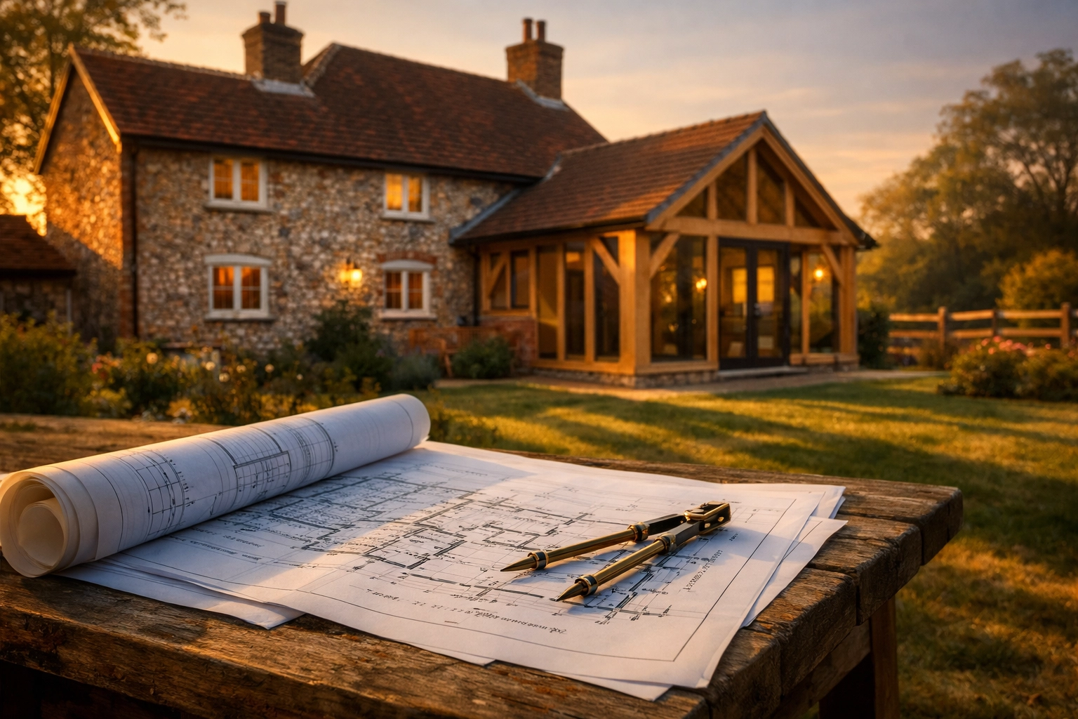 Architectural blueprints for a traditional West Sussex flint cottage home renovation project.
