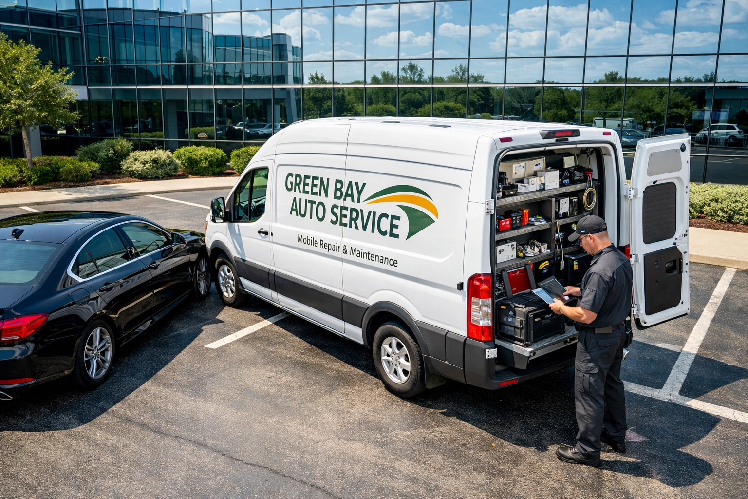 Mobile mechanic performing car maintenance at a Green Bay corporate office parking lot.