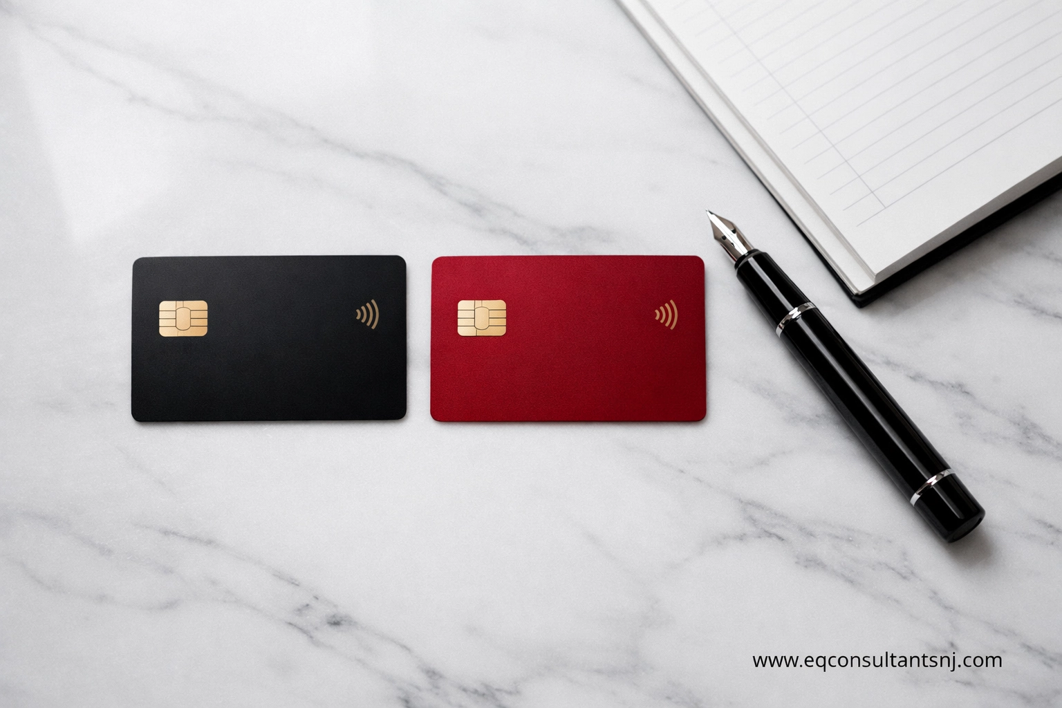 Separate business and personal credit cards on a desk for organized NJ small business bookkeeping.