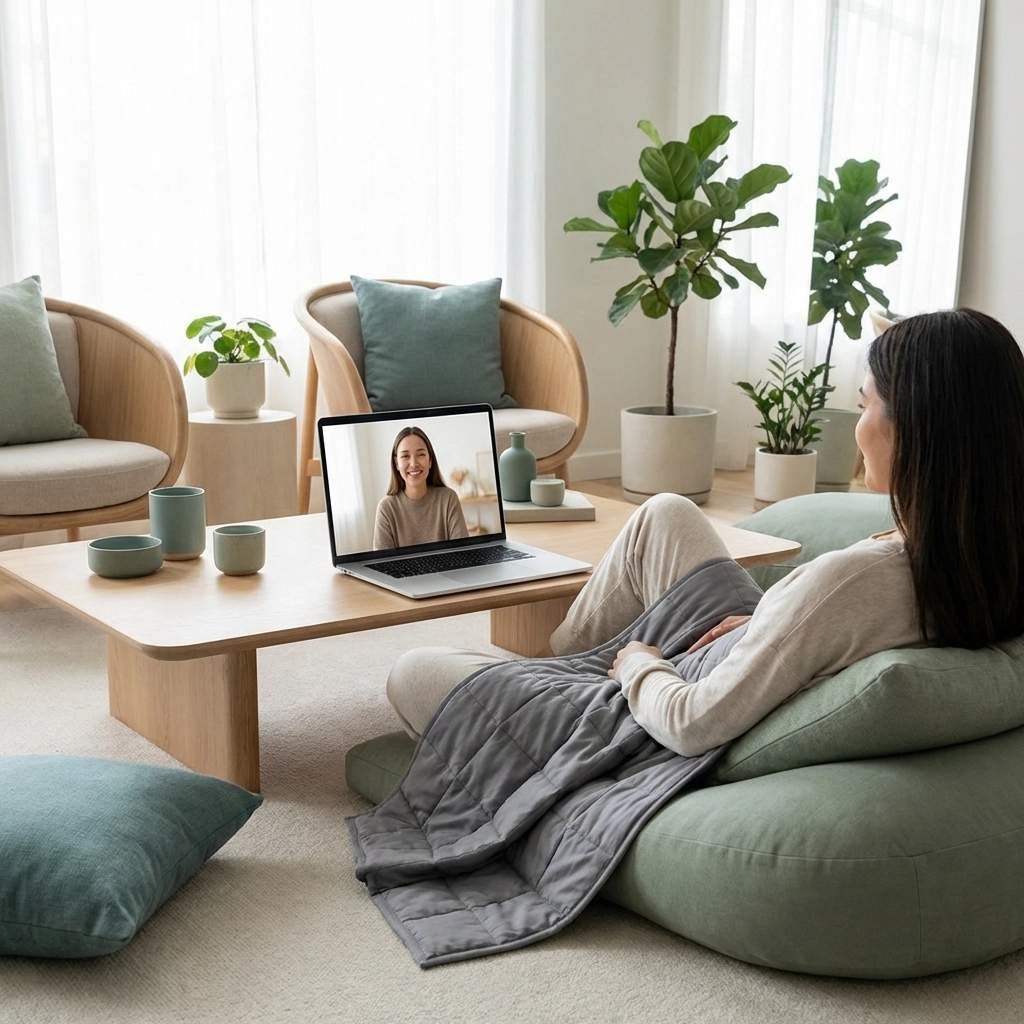 Virtual therapy session showing connection and comfort, highlighting LGBTQ+ and neurodivergent-affirming support.