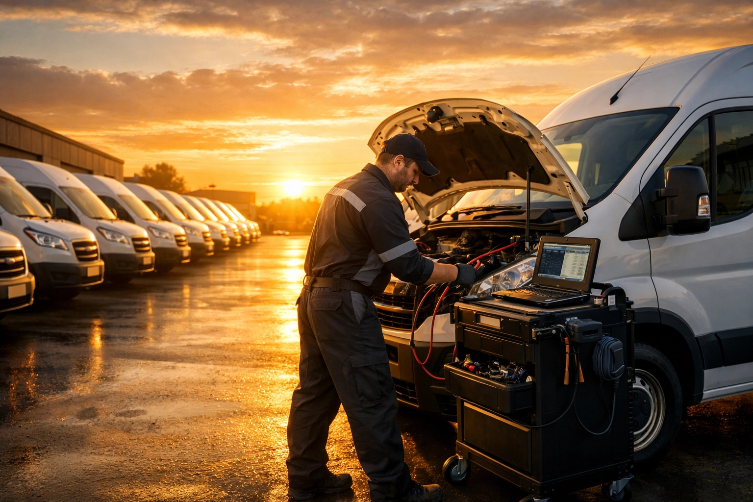 Professional mobile mechanic performing fleet maintenance and diagnostics for Green Bay businesses.