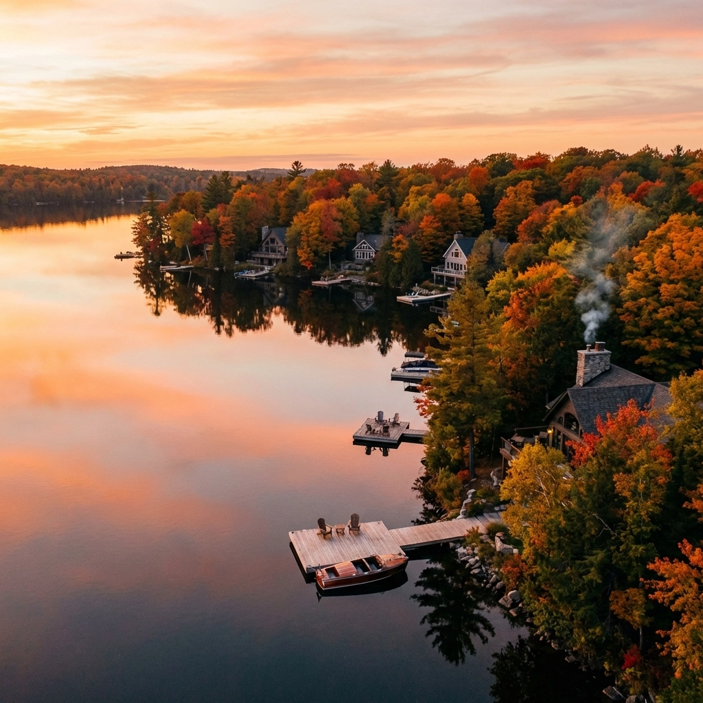 Aerial view of Muskoka waterfront cottages along a scenic lake at sunset in 2026, helpful when selling a Muskoka waterfront cottage.
