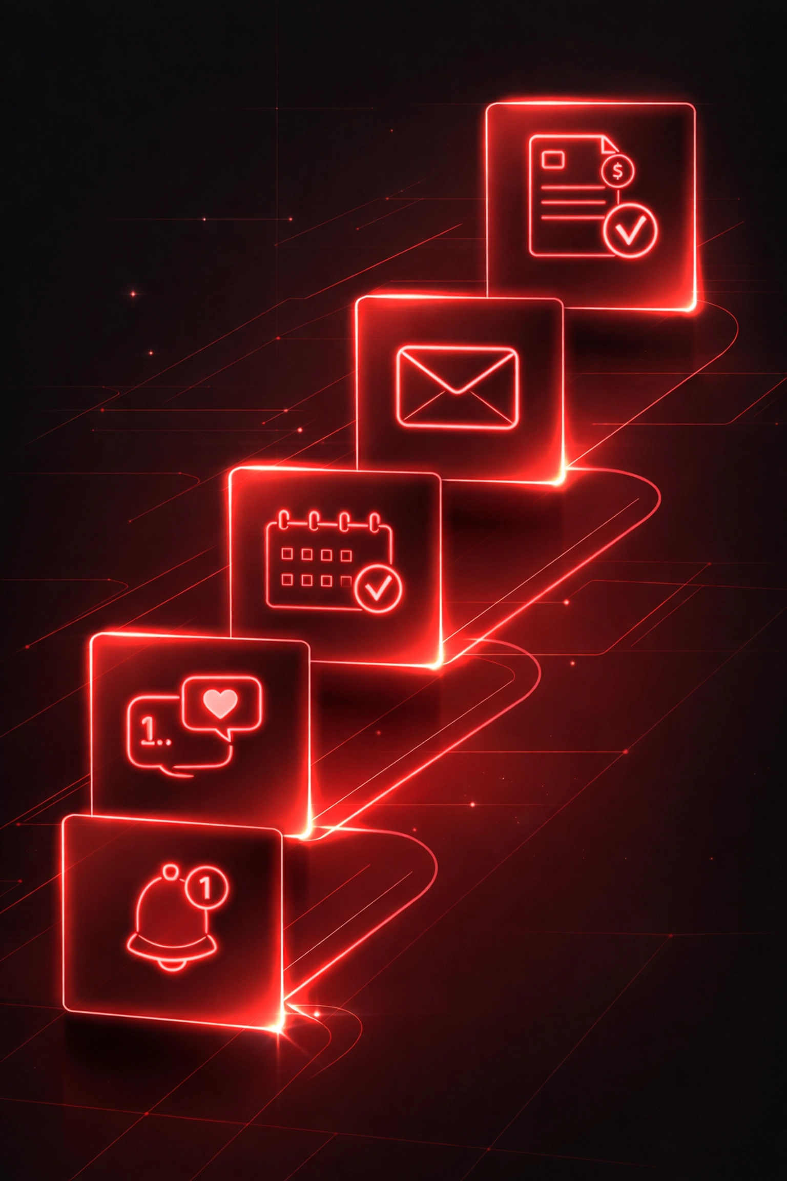 Five holographic panels illustrate automated business tasks like invoicing and notifications for saving time each week.