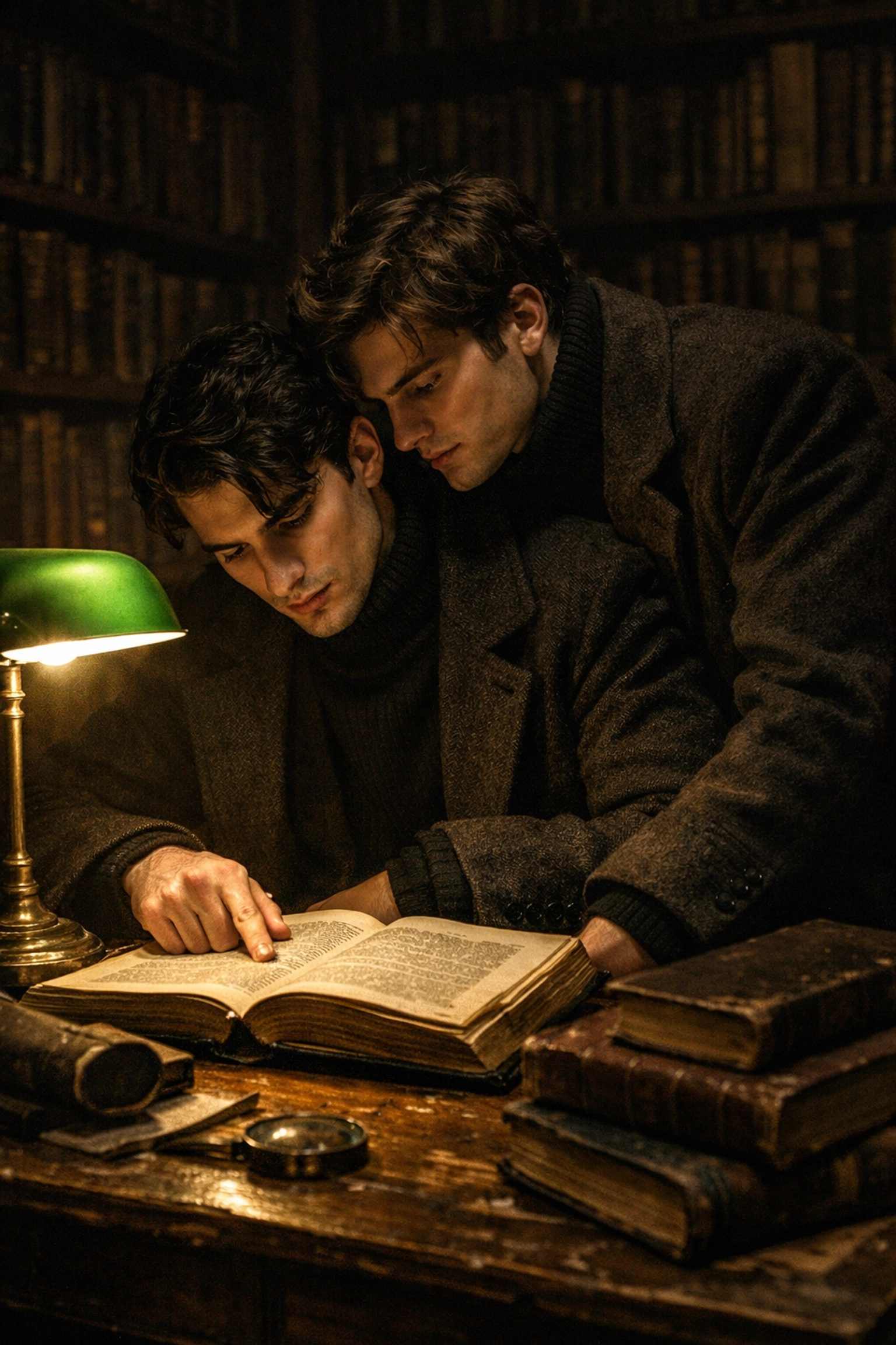 Two scholars in a historic Kraków library illustrate the dark academia trope in MM romance books.