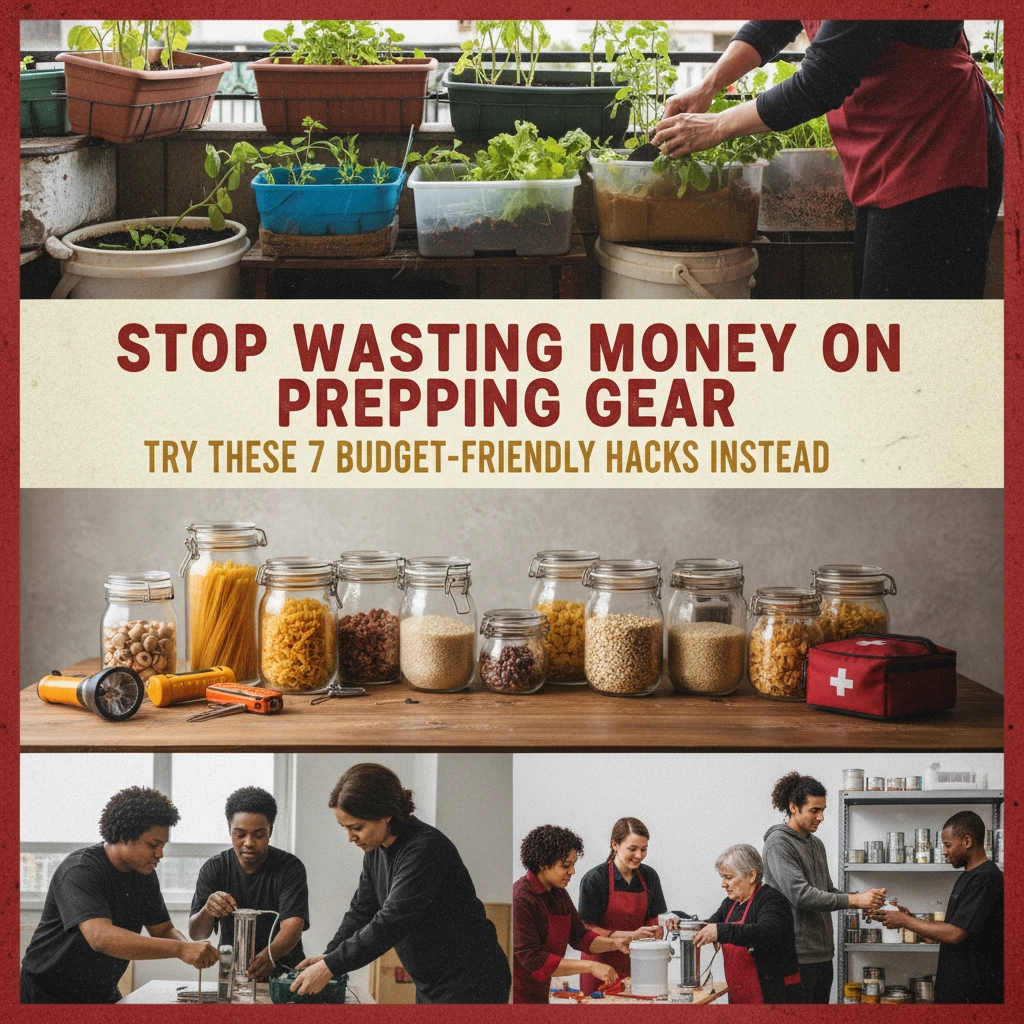 Title Image: Top picture shows a woman growing food in small containers. middle picture shows jarred food, a first aid kit and a couple of flashlights. the bottom picture is a split picture of people helping each other with a stash of preps.