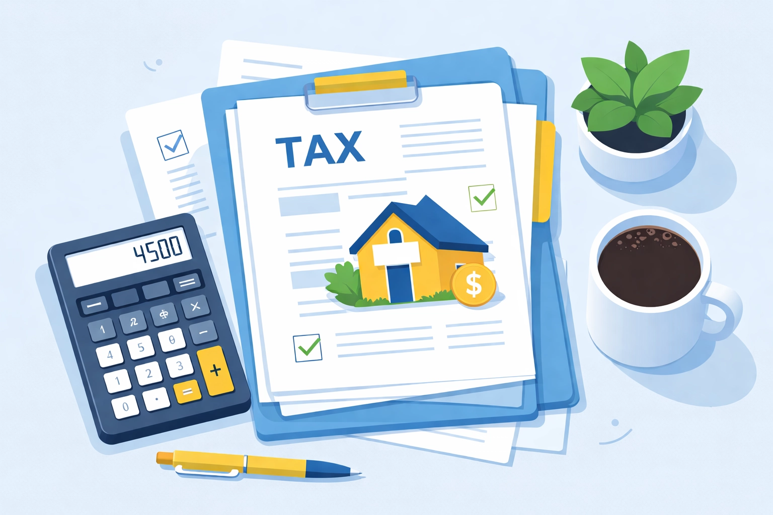 Organized tax documents and calculator on a desk, emphasizing preparation and maximizing homeowner tax deductions for 2026 in New Haven.