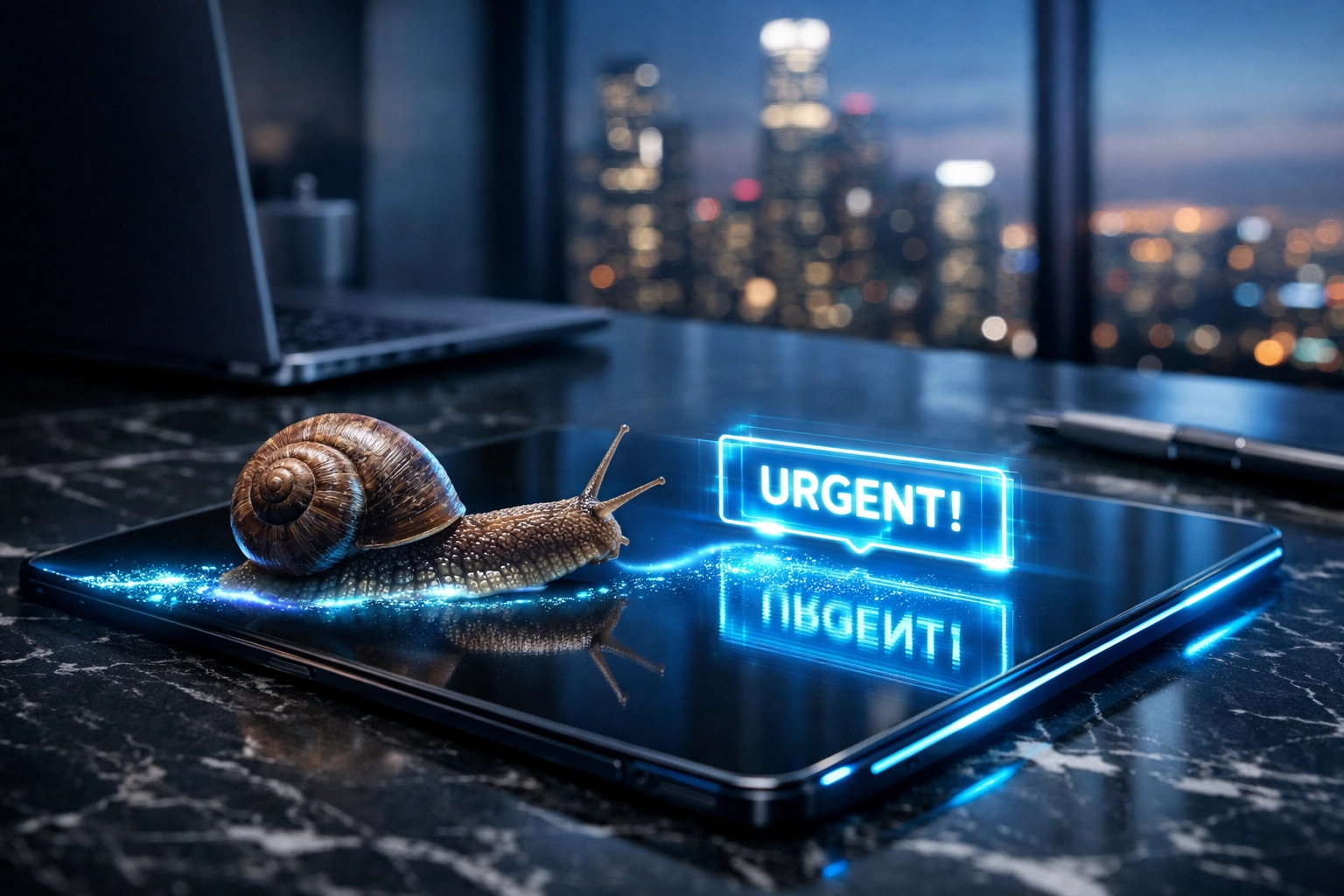 A snail crawling across a digital tablet showing an urgent notification, illustrating slow customer response times.