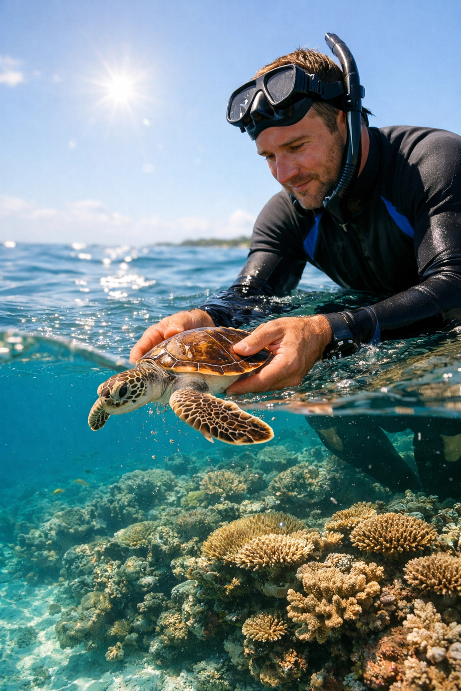 Marine biologist releasing a juvenile sea turtle into the ocean, showcasing active wildlife conservation stories.