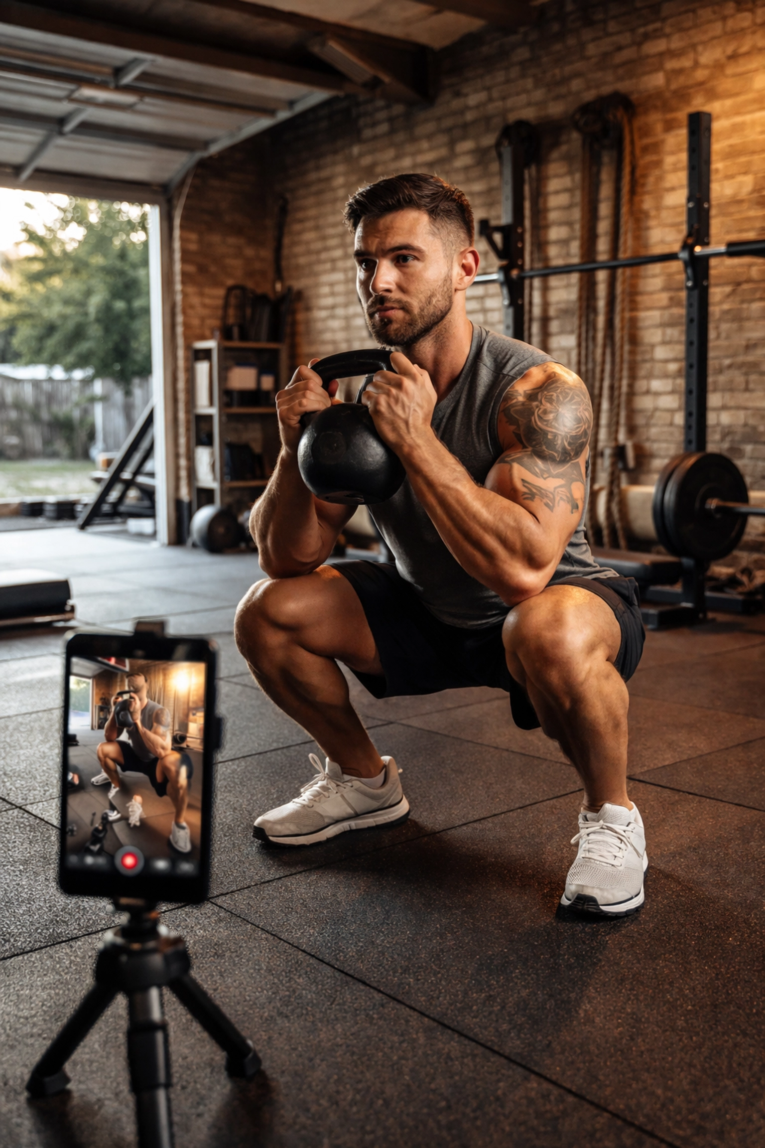 Athlete records kettlebell squat in a home garage gym, highlighting self-coaching and bodyweight training at home.