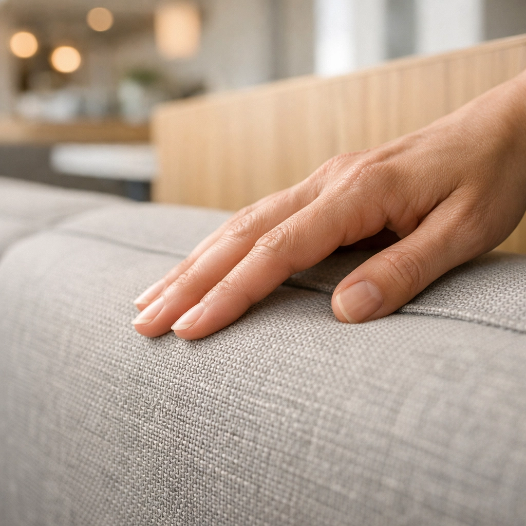 Close-up of durable, stain-resistant fabric on custom restaurant booth seating.