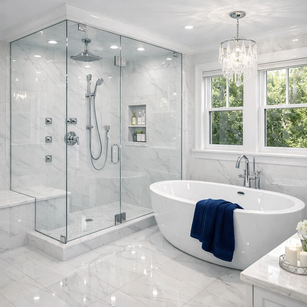 A spotless luxury master bathroom following a professional residential cleaning in Massachusetts service.