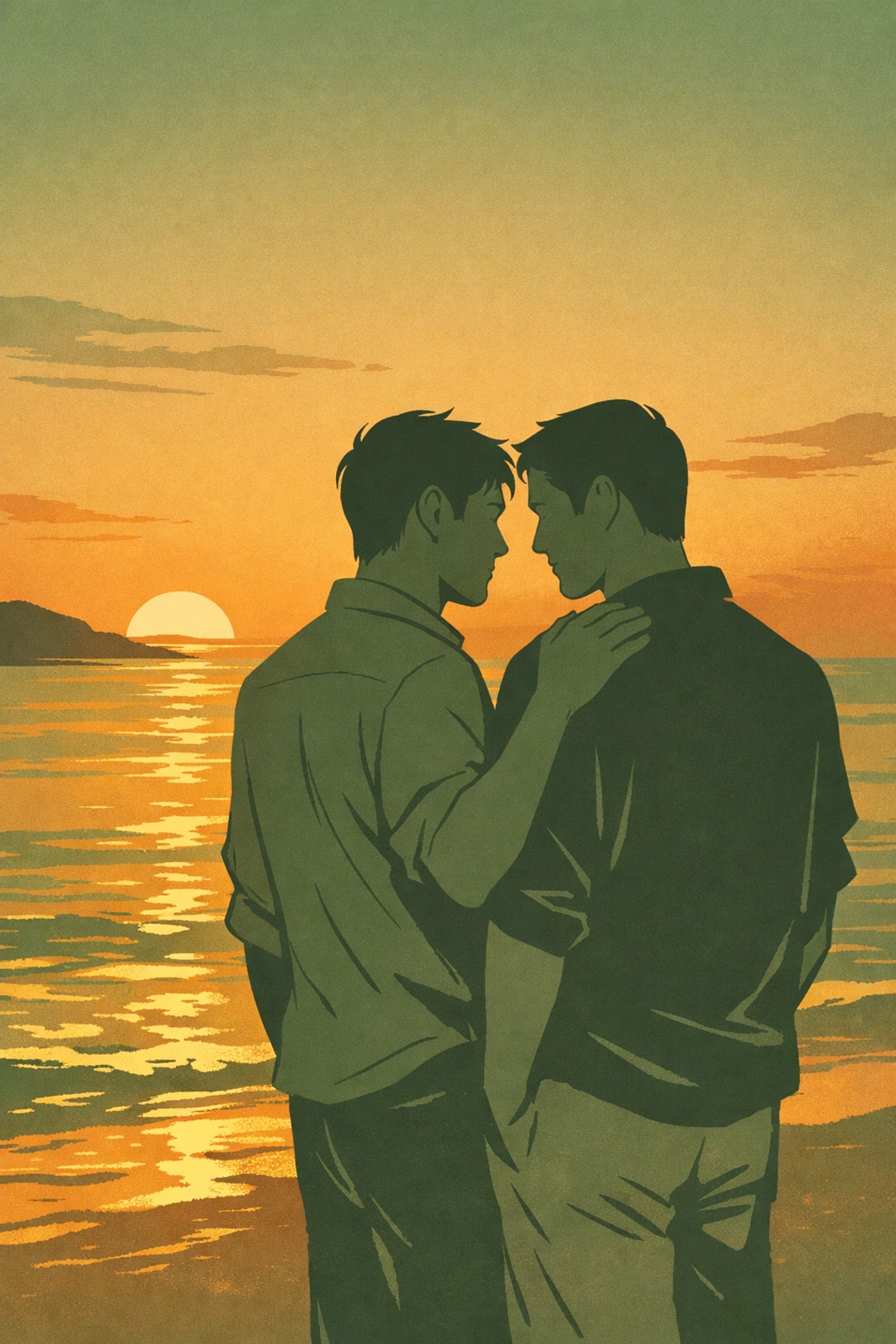 Two men on beach at sunset - gentle touch on shoulder showing acceptance in MM love story