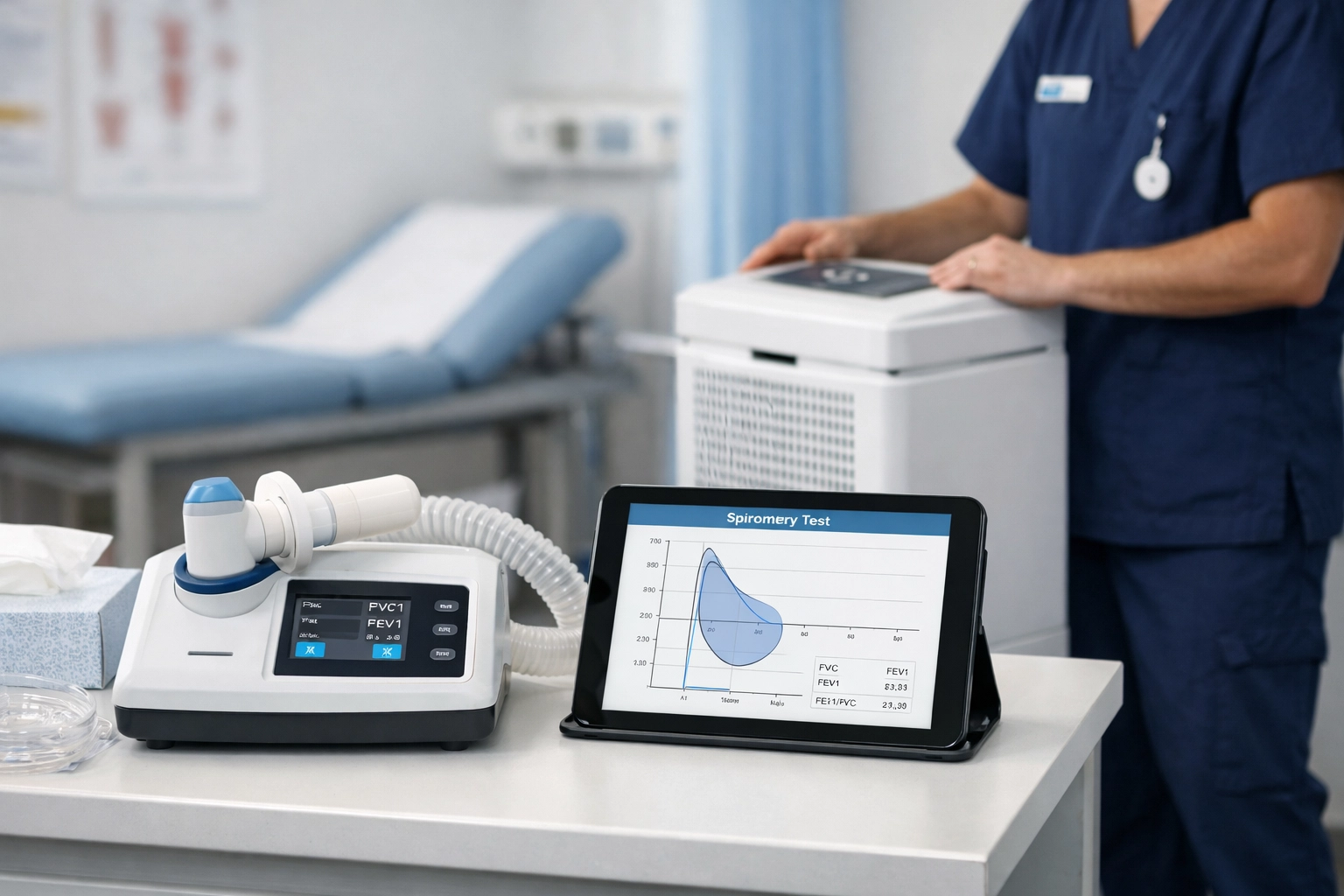 Spirometry equipment and lung function diagnostics in a modern UK community respiratory care clinic.