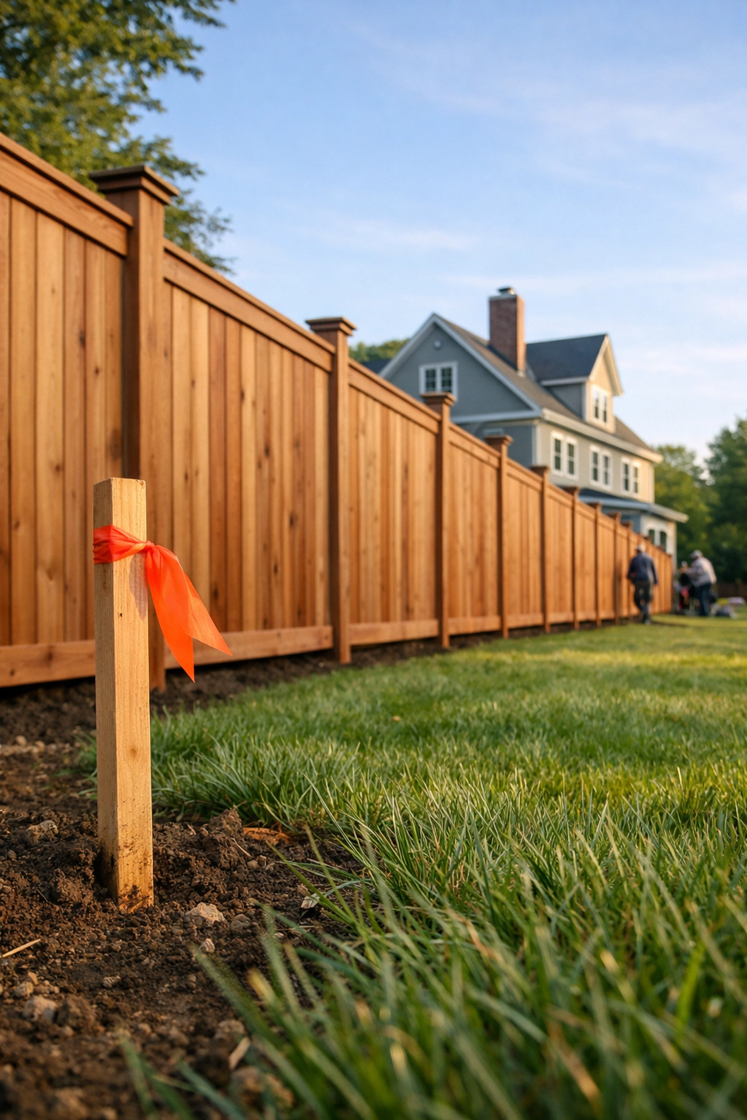 Professional cedar fence installation in Connecticut with a surveyor stake to prevent property line disputes.