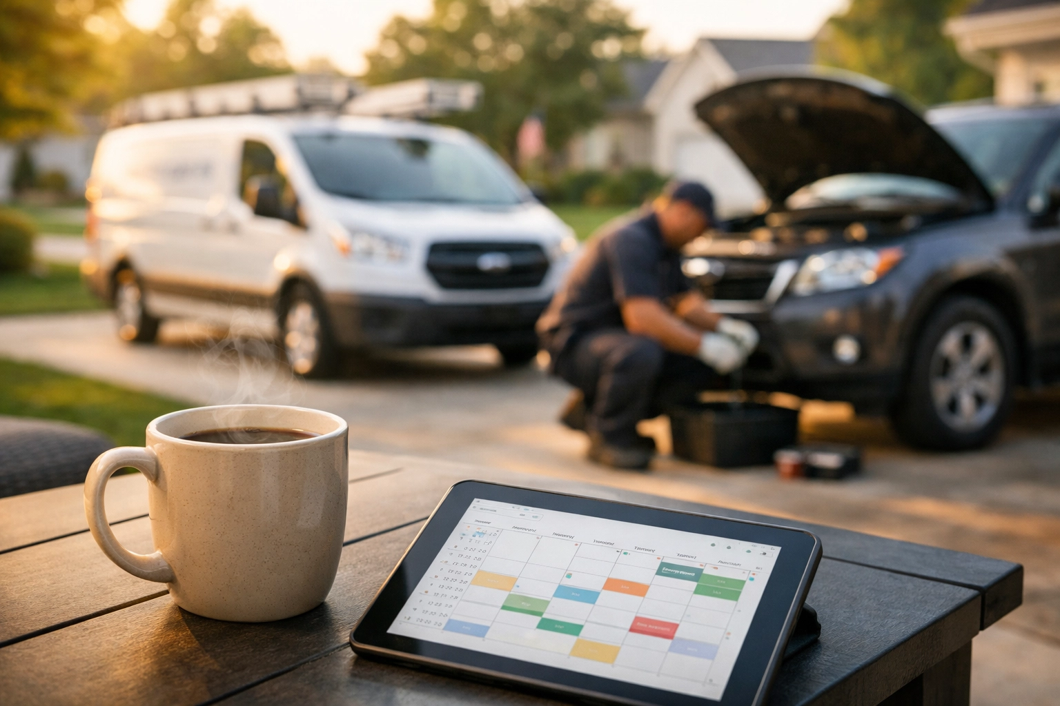 Professional mobile mechanic performing a stress-free oil change in a Green Bay driveway while a resident works.