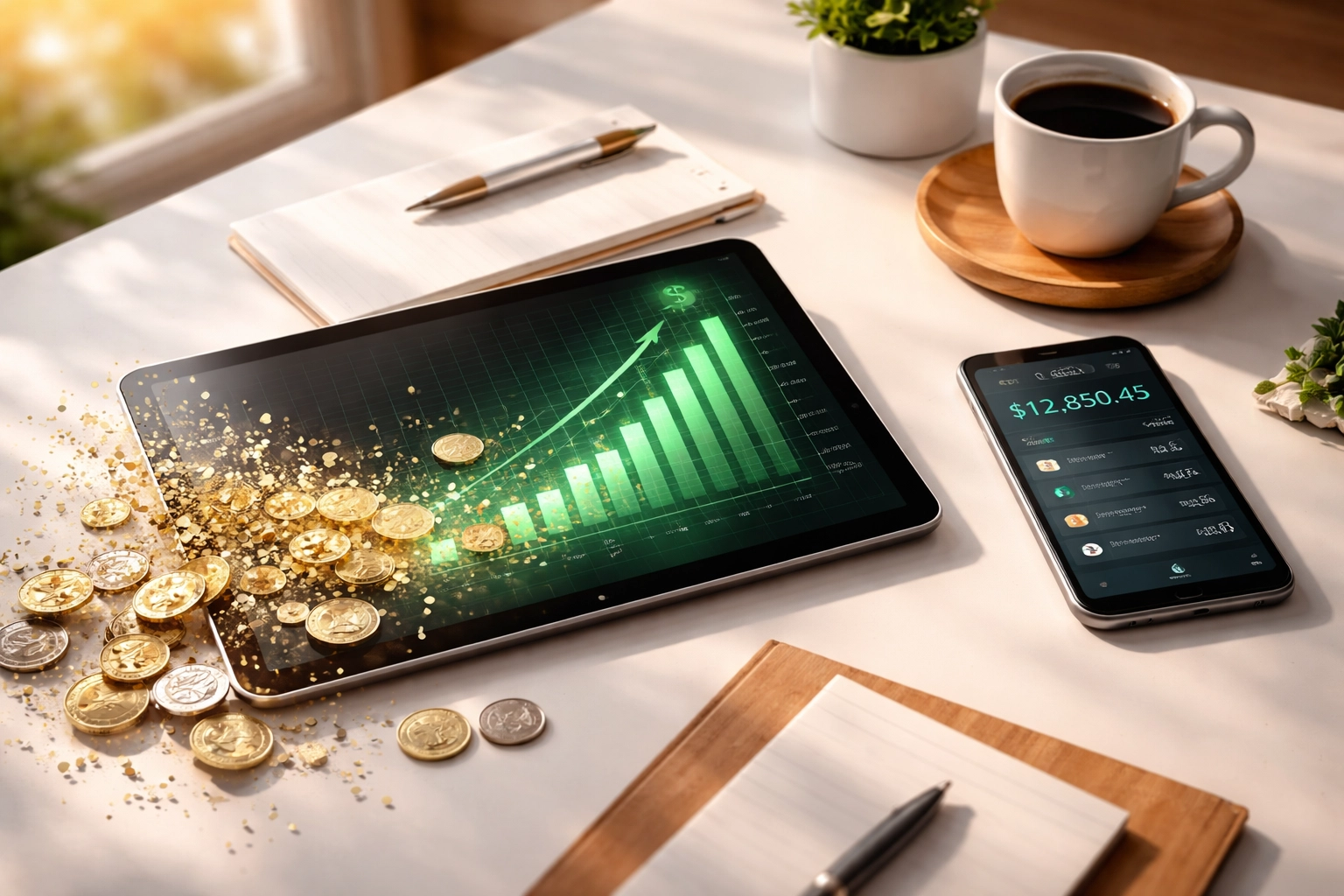 Modern small business desk showing rising profits and crypto wallet, illustrating Web3 payment efficiency