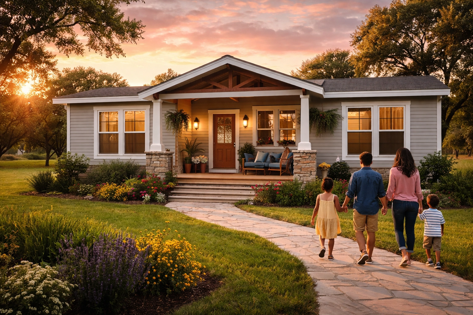 Family approaching their new manufactured home in Texas hill country at sunset