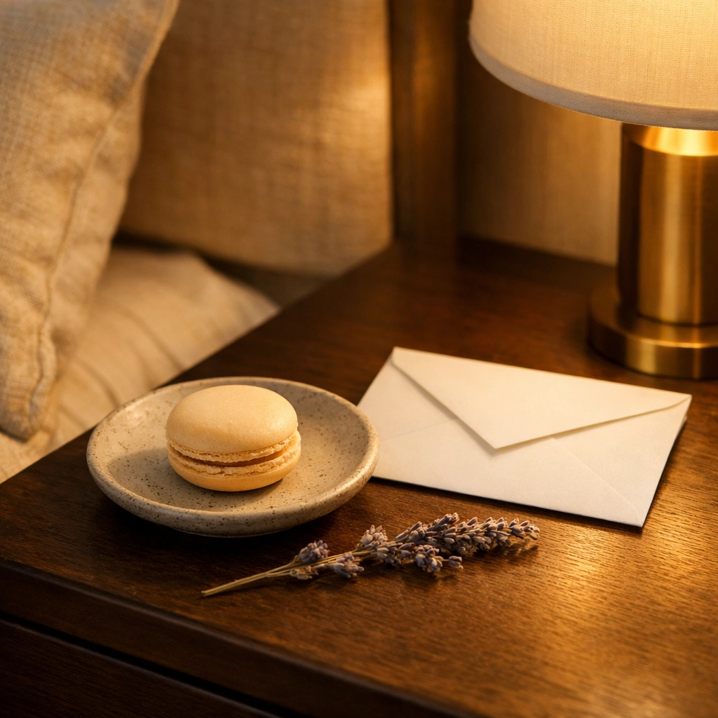A personalized welcome amenity on a luxury hotel bedside table reflecting guest loyalty and care.