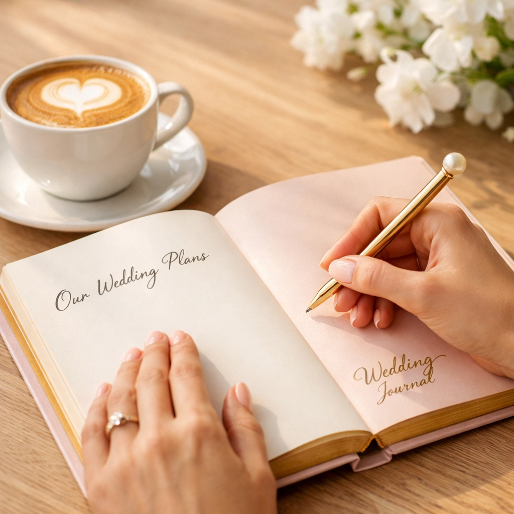 Bride writing wedding budget wins and savings in journal with morning coffee
