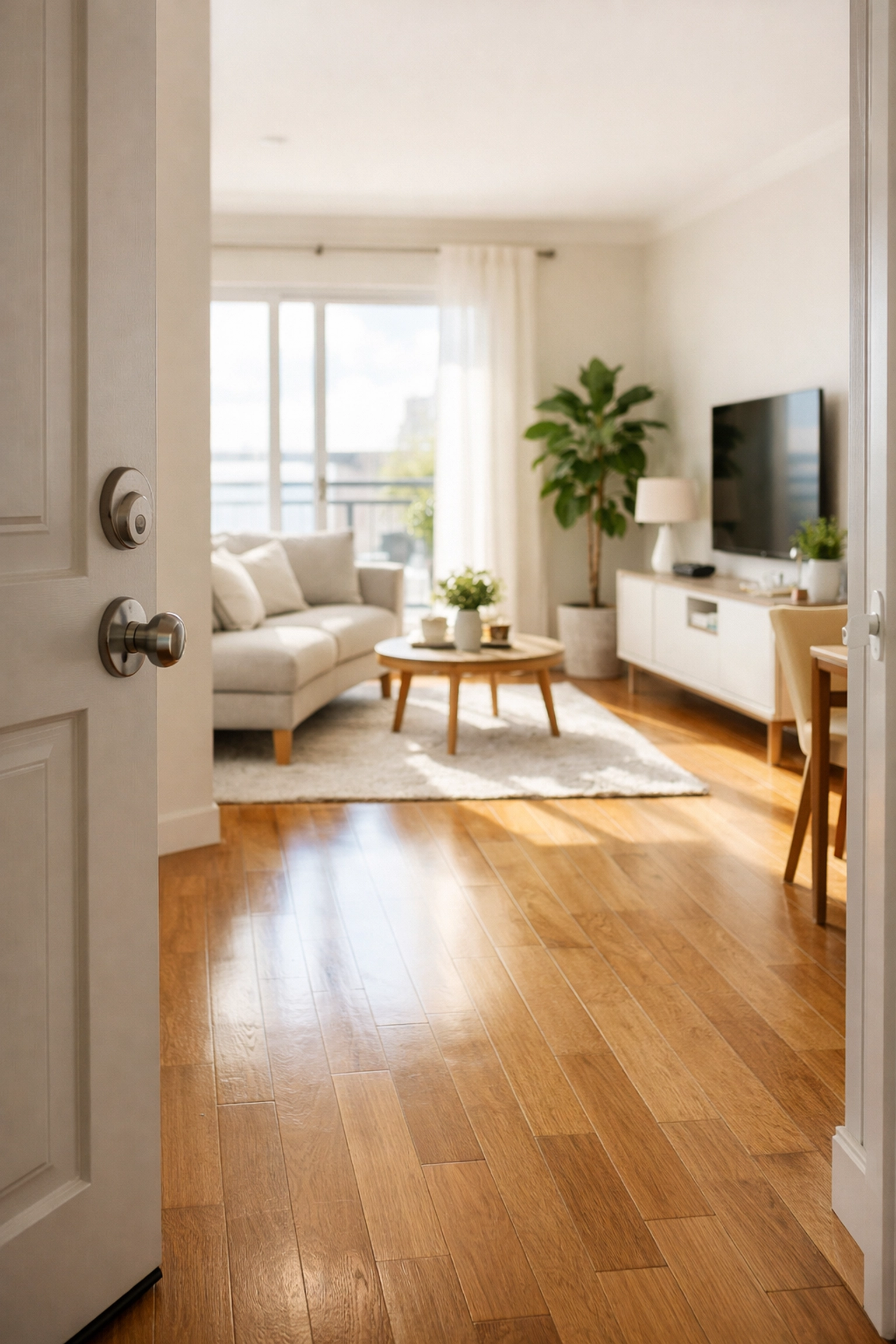 Move-in ready apartment with polished hardwood floors and natural light after a professional turnover clean.