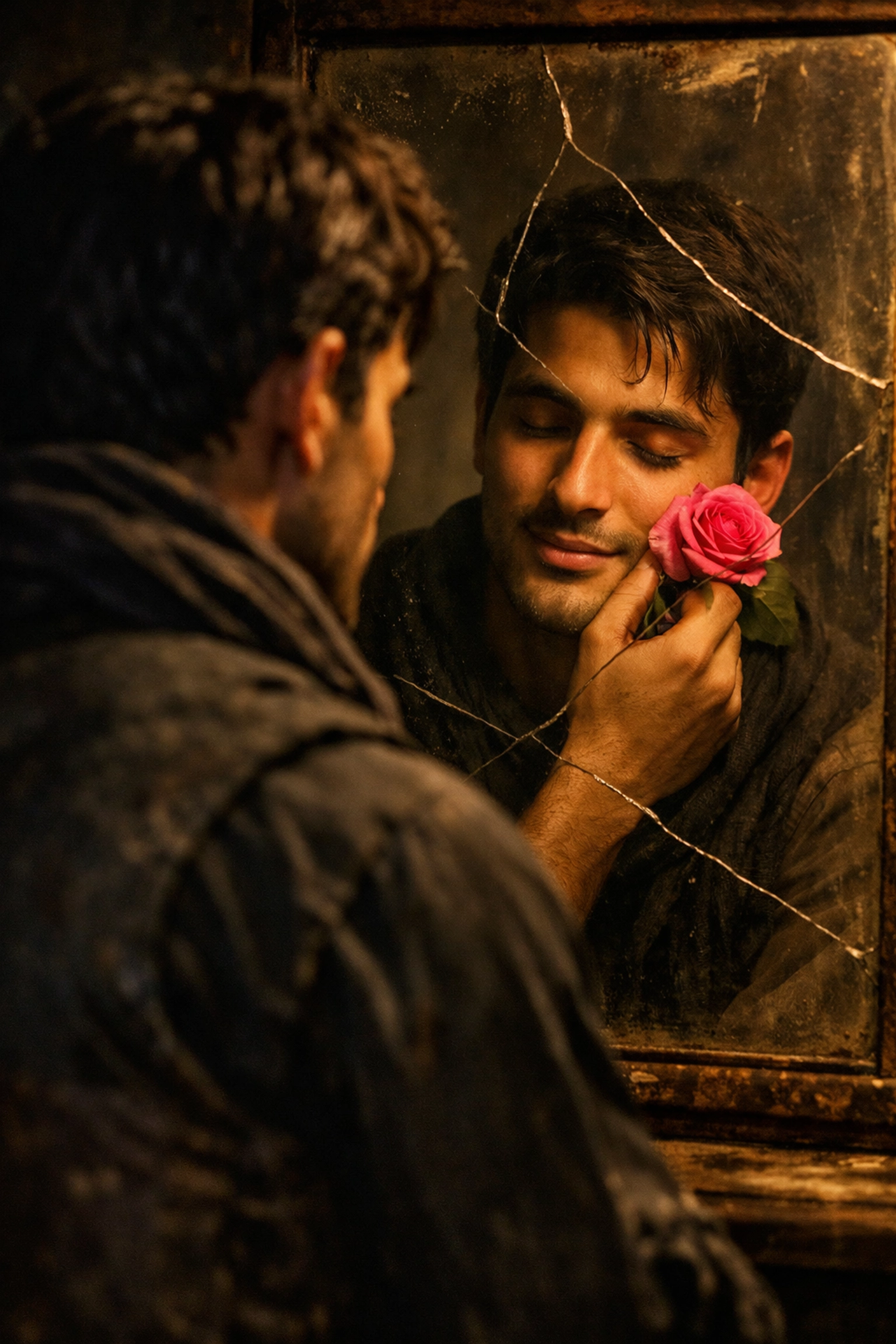 Afghan man reflecting on his hidden queer identity while holding a pink rose in a vintage mirror.