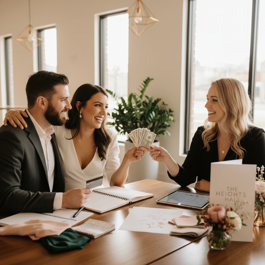 Two women and a man in a bright office smile while exchanging cash. Notebooks, a tablet, and "The Heights Hall" sign are on the desk.
